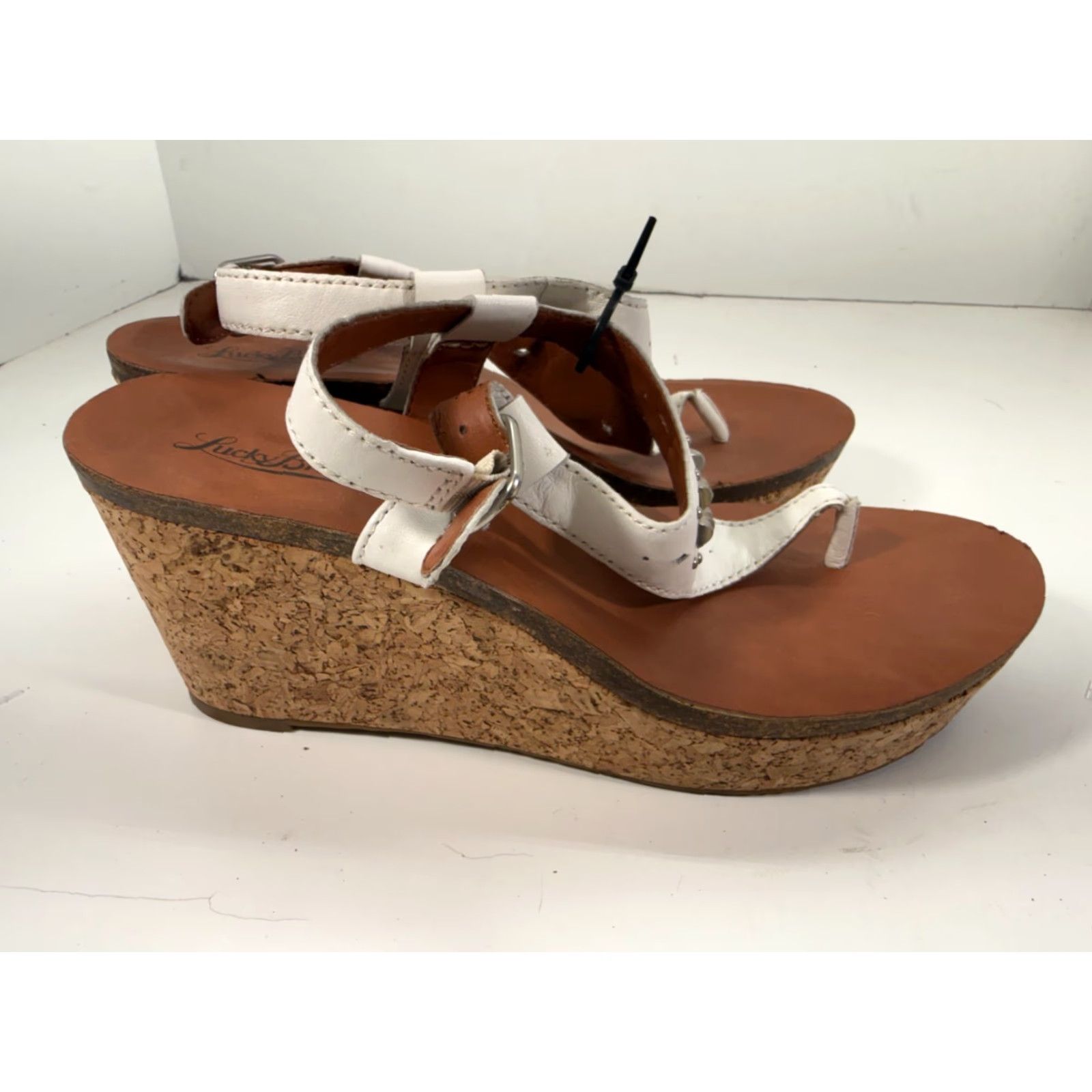 Lucky Brand Lucky Brand Thong Wedge Sandals Womens 9M Brown White Studded Cork Platform Boho Size US 7 / IT 37 - 7 Thumbnail