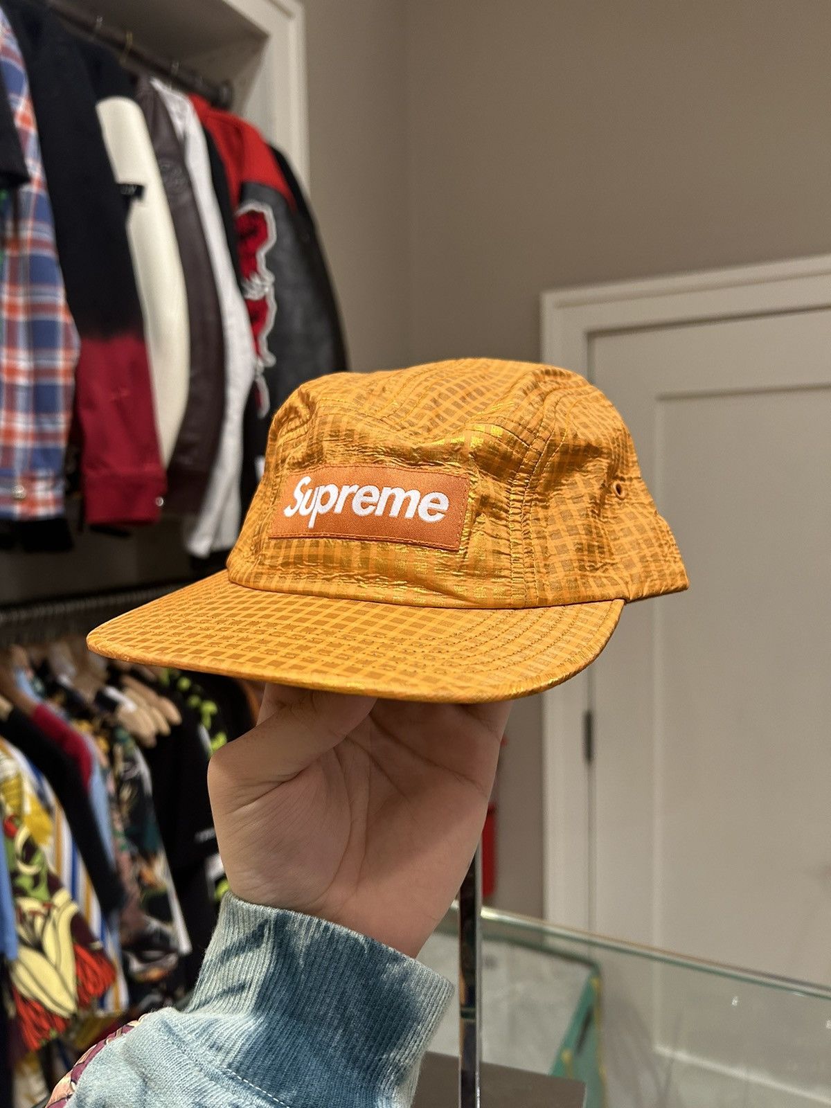 Supreme Orange Metallic Checkered Camp Cap