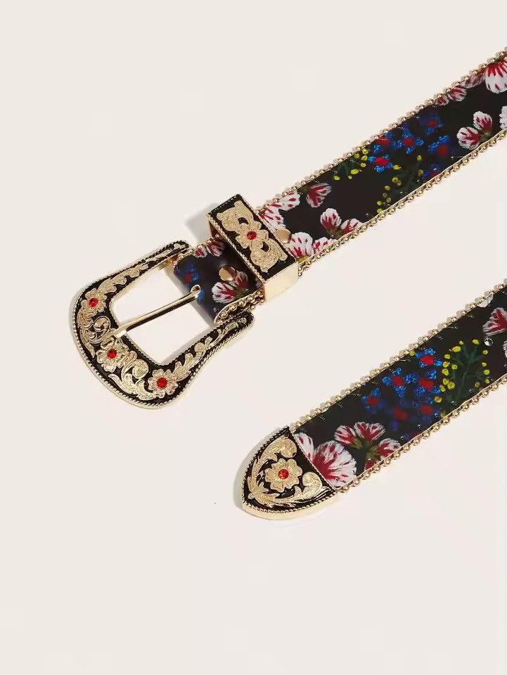 Japanese Brand 112 cm Western Floral Engraved Belt - PU Leather Size ONE SIZE - 3 Thumbnail
