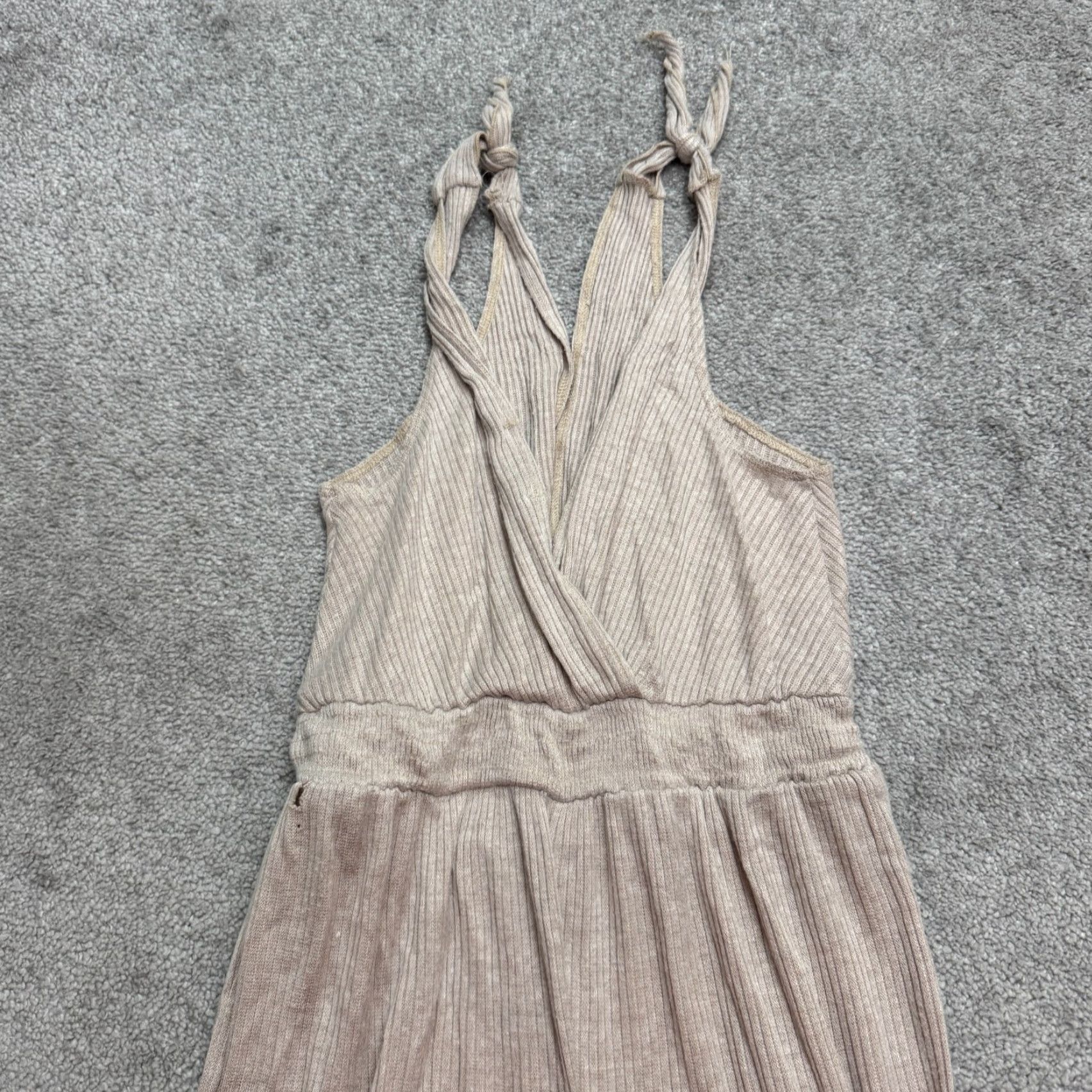 Vintage VINTAGE Kennedy Womens Jumpsuit S Wide Leg Ribbed Knit Tie Strap Sleeveless Boho Minimalist Summer Beige Size S / US 4 / IT 40 - 3 Thumbnail