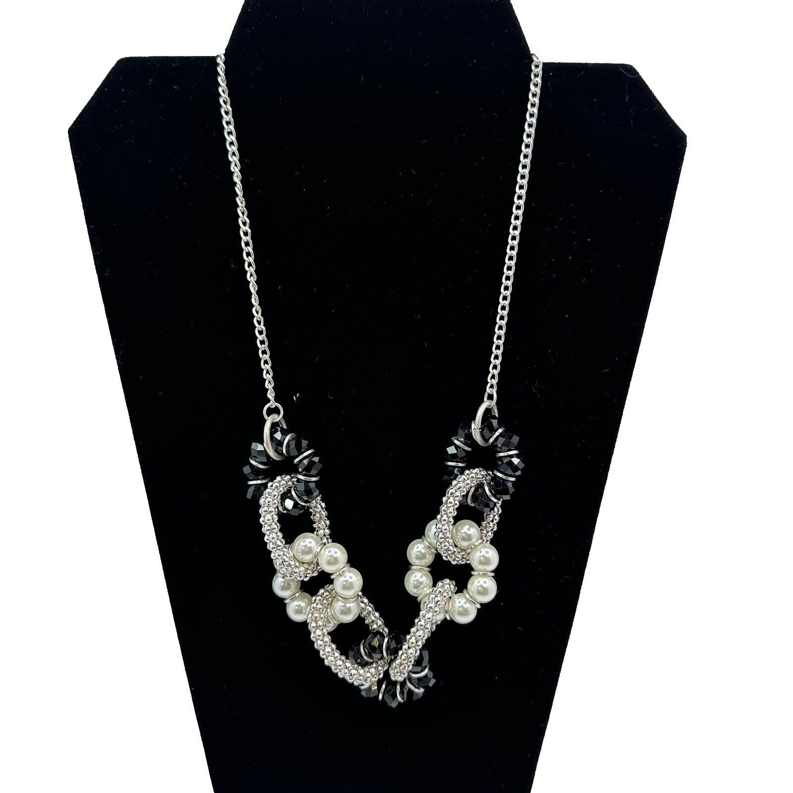 Other Ny & Co Silver Mesh Blk Crystals Faux Pearls Beads Necklace Size ONE SIZE - 2 Thumbnail