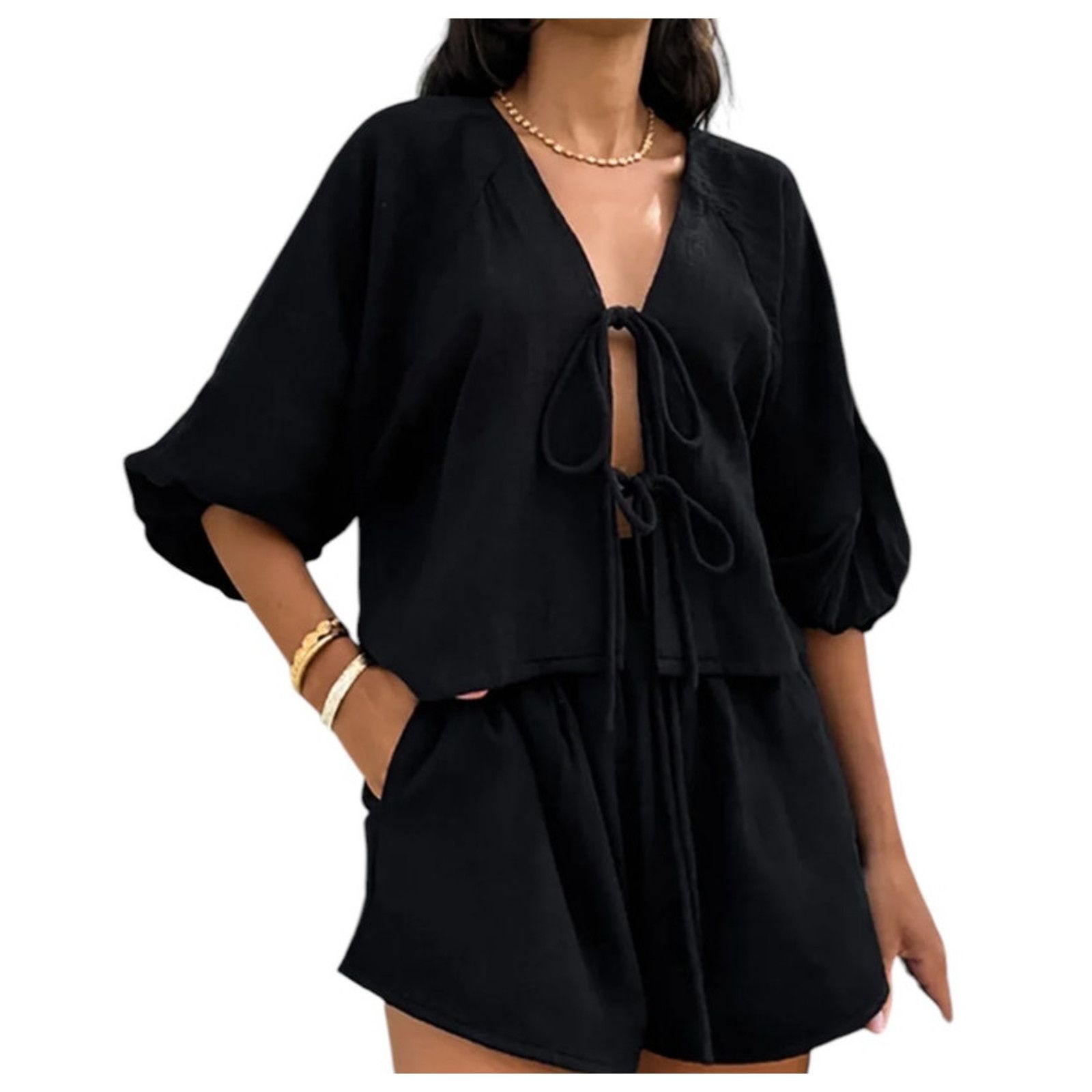 Other Commense Women Black Cotton Tie-Front Long Sleeve Shorts Set Size 26" / US 2 / IT 38 - 3 Thumbnail