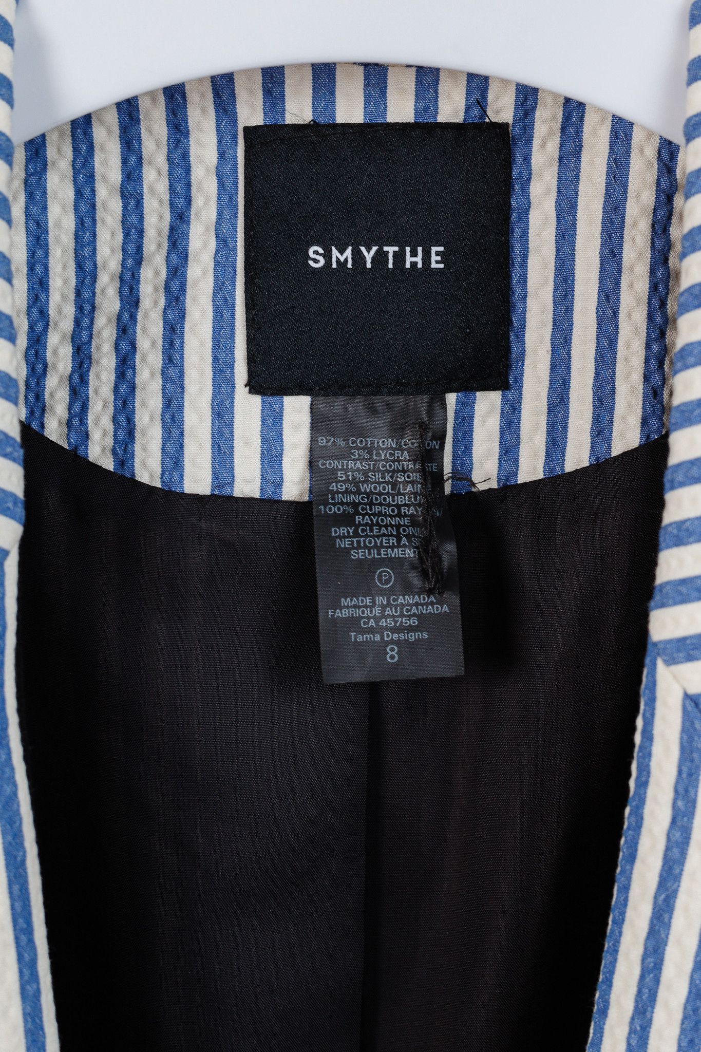 SMYTHE Smythe Blue Seersucker Striped Taped Peak Lapel Blazer Size M / US 6-8 / IT 42-44 - 4 Thumbnail
