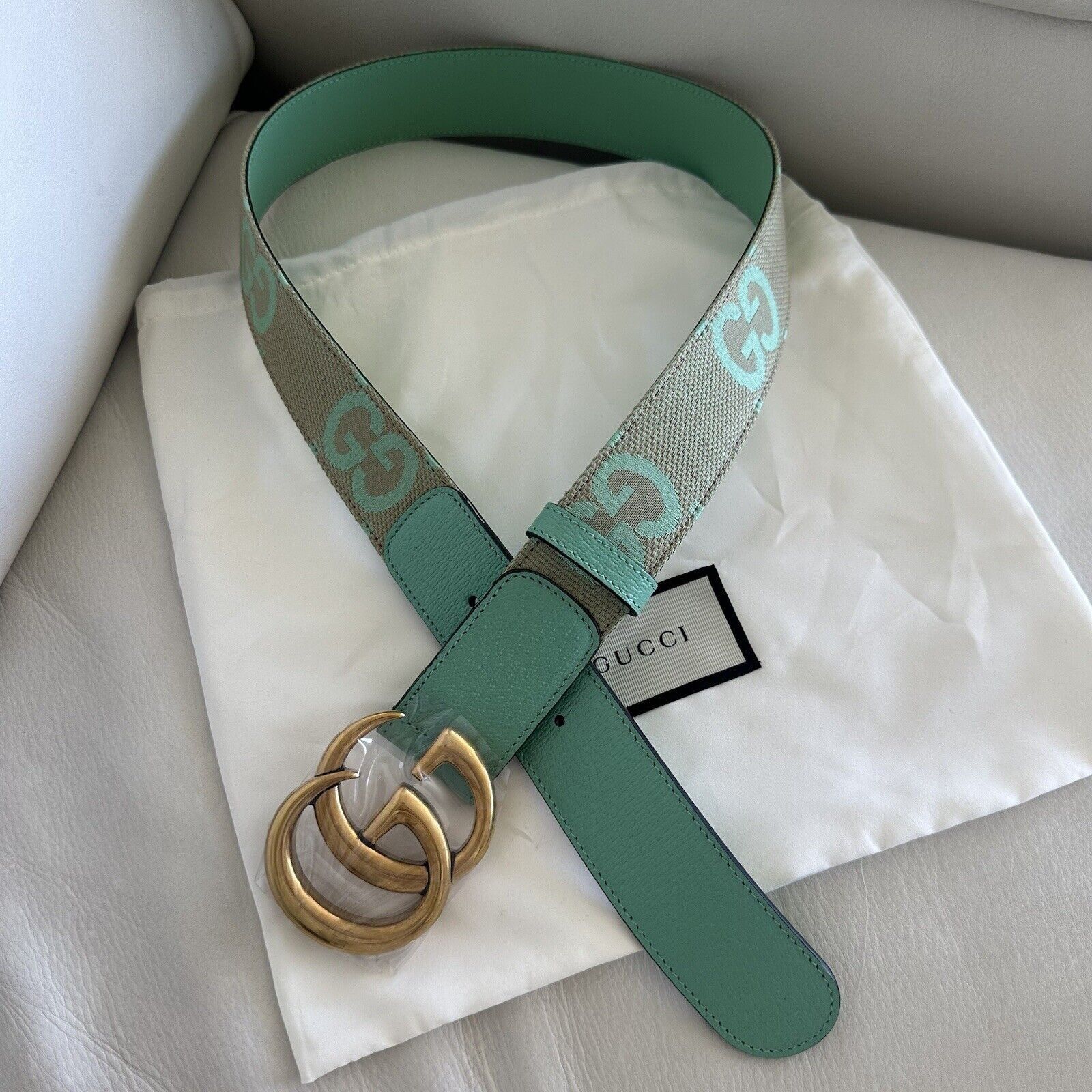 Gucci NEW Gucci GG Marmont Jumbo GG Belt Beige/Mint Size 85 inch 3 Size ONE SIZE - 3 Thumbnail