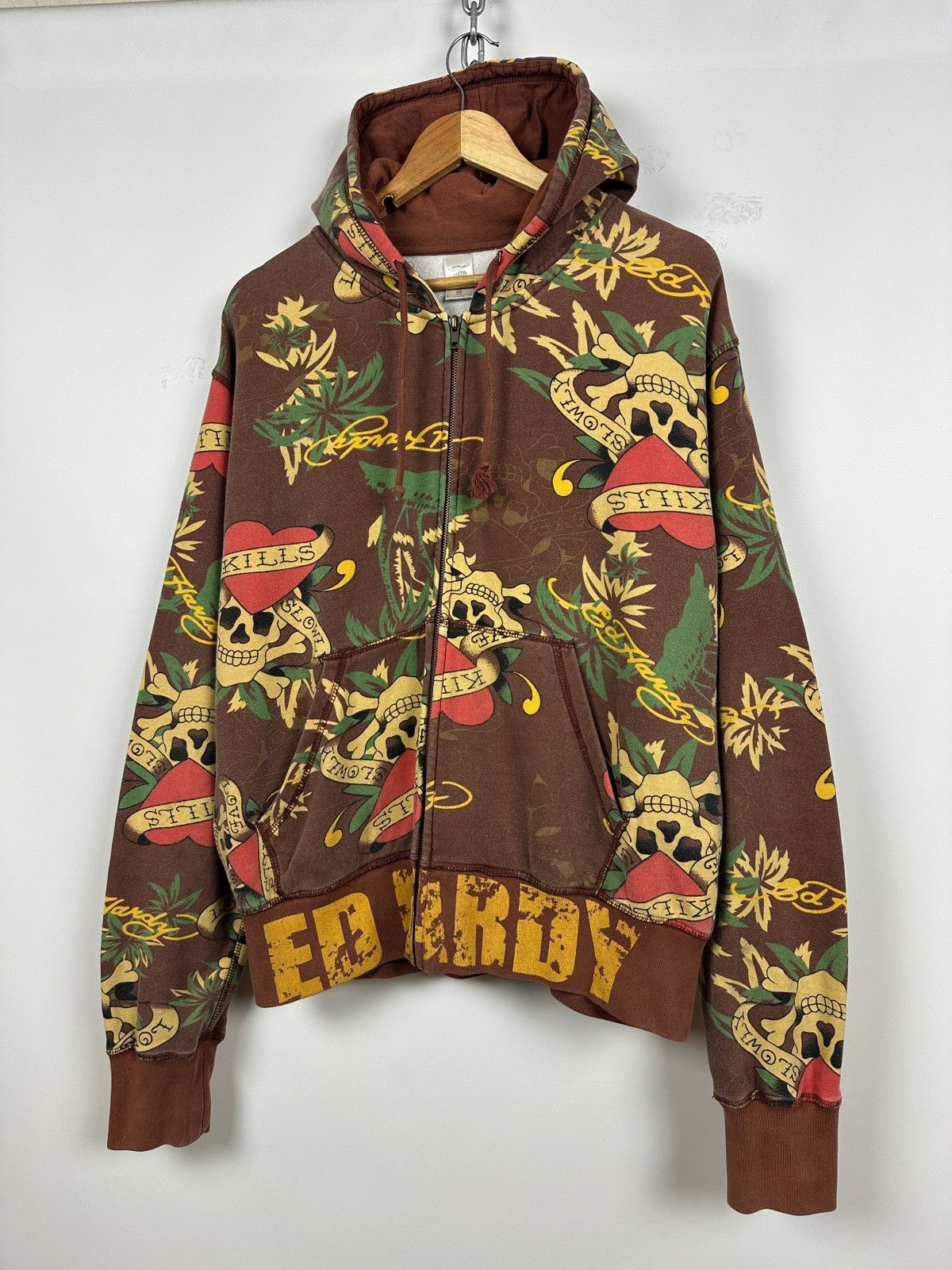 Ed Hardy Vintage Ed Hardy Skull Heart Tattoo AOP Brown Zip Up Hoodie Size US XL / EU 56 / 4 - 1 Thumbnail