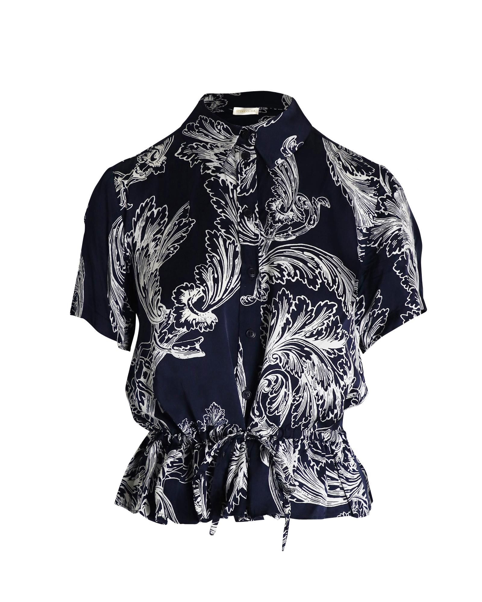 image of Stine Goya Navy Blue Satin Printed Drawstring Top in Blue/Navy Blue, Women's (Size Small)