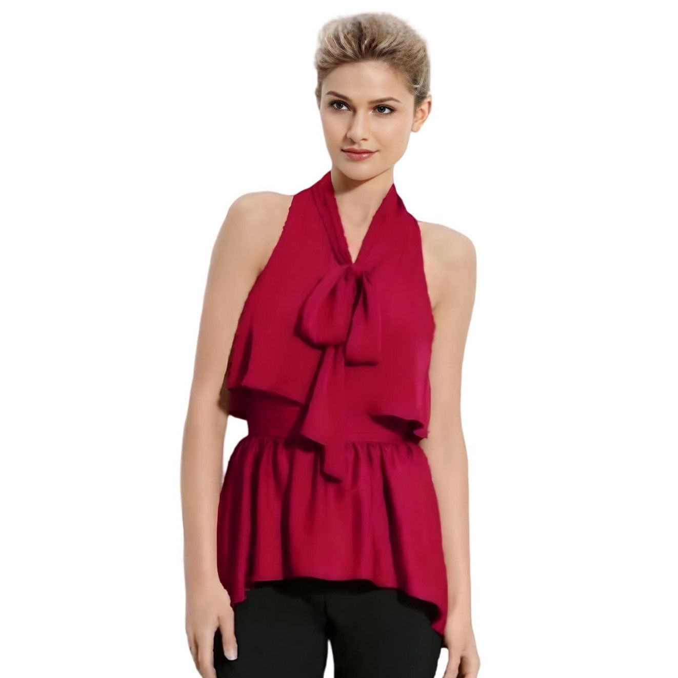 Image of Bcbg Maxazria Bcbgmaxazia Celline Tie Neck Red Sleeveless Blouse Size S, Women's