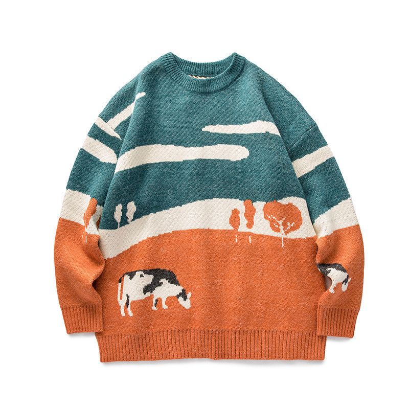 Japanese Brand × Vintage Orange Vintage Cow Print Knit Sweater Size US L / EU 52-54 / 3 - 1 Thumbnail