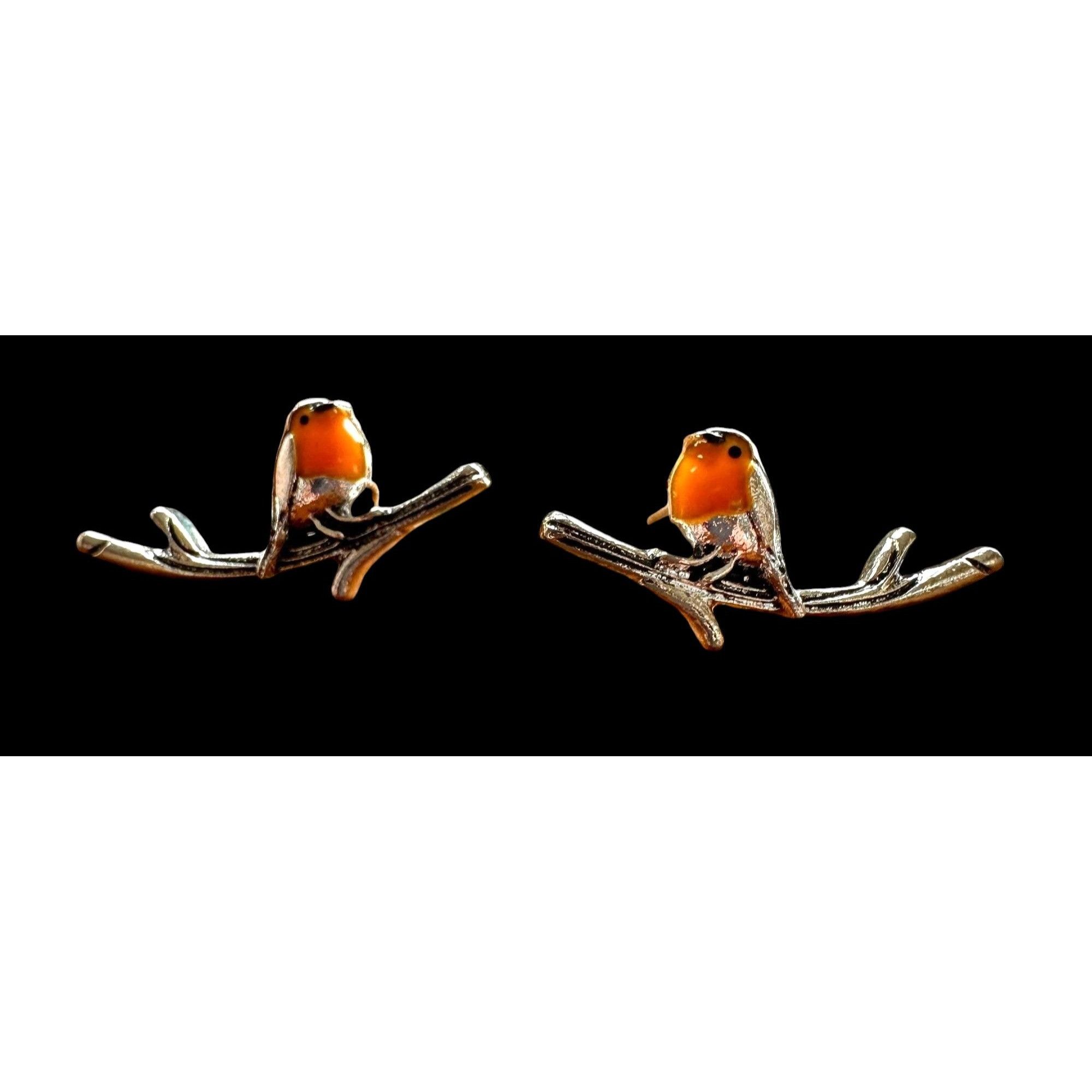 Handmade Robin Bird Earrings Ear Climbers New Orange Silver Tree Bran Size ONE SIZE - 7 Thumbnail
