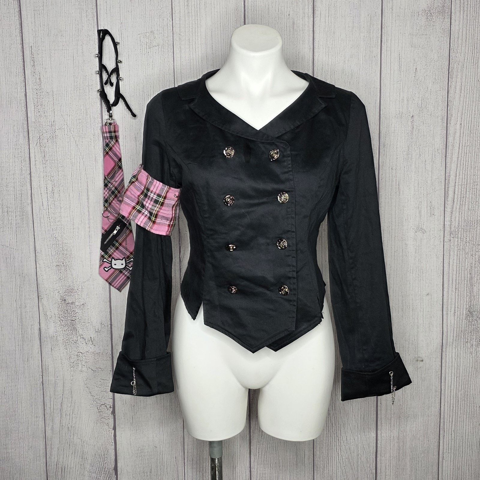 Vintage BODY LINE Y2K Lolita Goth Schoolgirl Plaid Skirt Tie Jacket Size 26" / US 2 / IT 38 - 5 Thumbnail