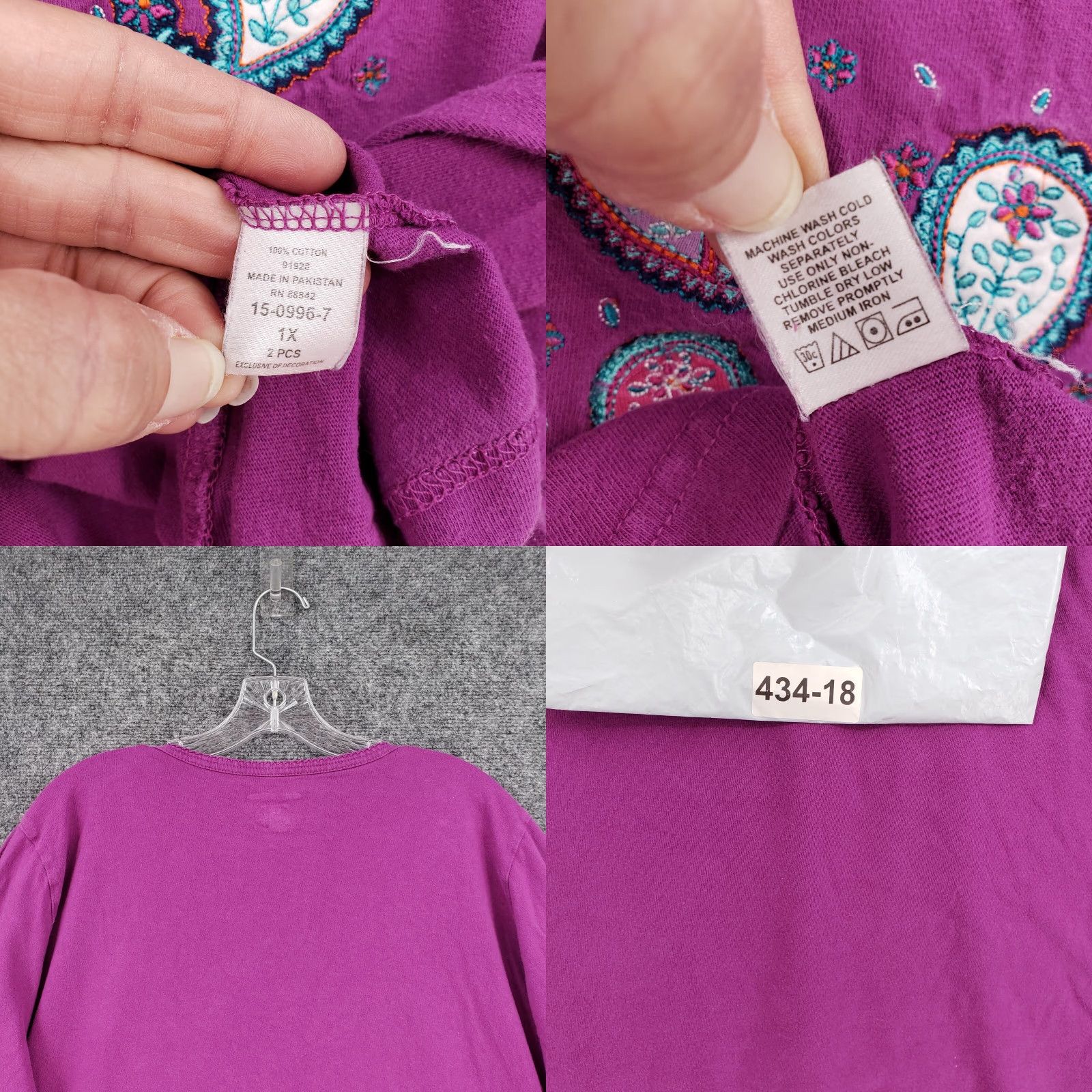 CO Dreams Co Pajama Top Womens 1X Purple Paisley Embroidered 3/4 Sleeve Knit Cotton Floral Shirt Womens Pajama Top (Dreams Co) Size XL / US 12-14 / IT 48-50 - 8 Thumbnail