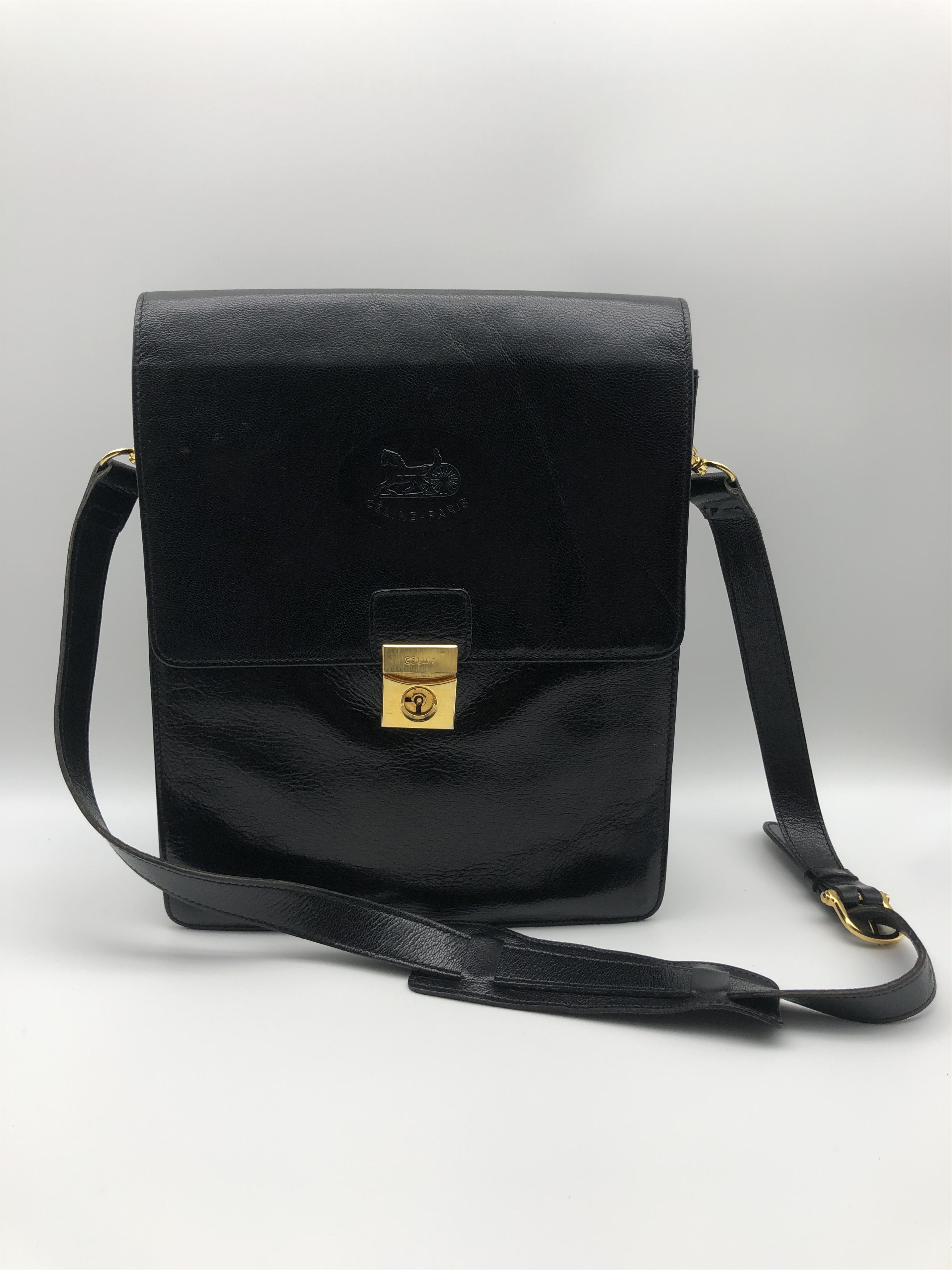 Celine Vintage Horse Carriage Black Leather Shoulder Bag