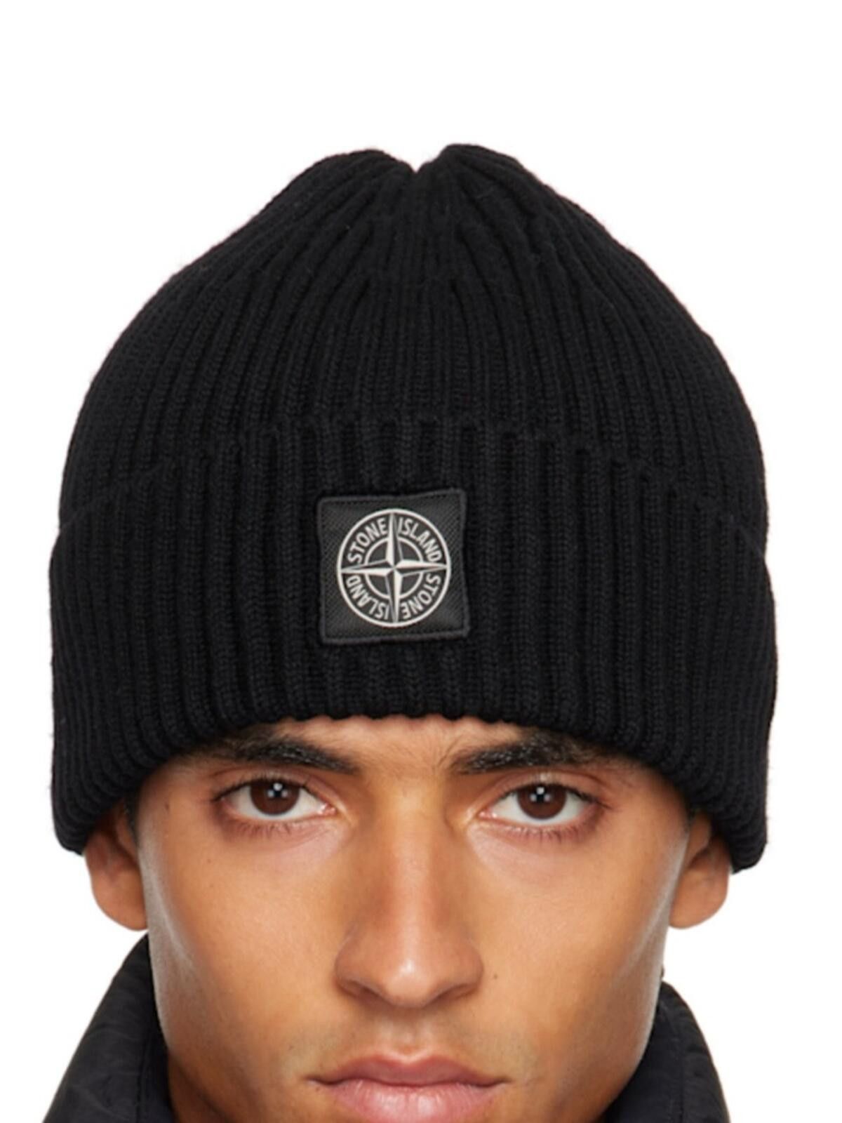 Stone Island Stone Island Black Ribbed Knit Cuffed Beanie with Logo Patch Size ONE SIZE - 1 Thumbnail