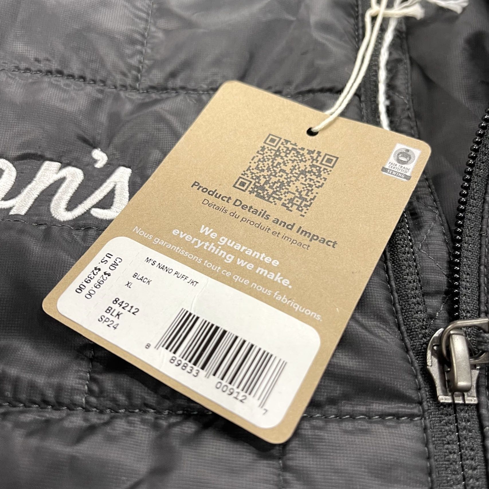 Patagonia Jacket Mens XL Black Primaloft Nano Puff Puffer Full Zip Logo NWT