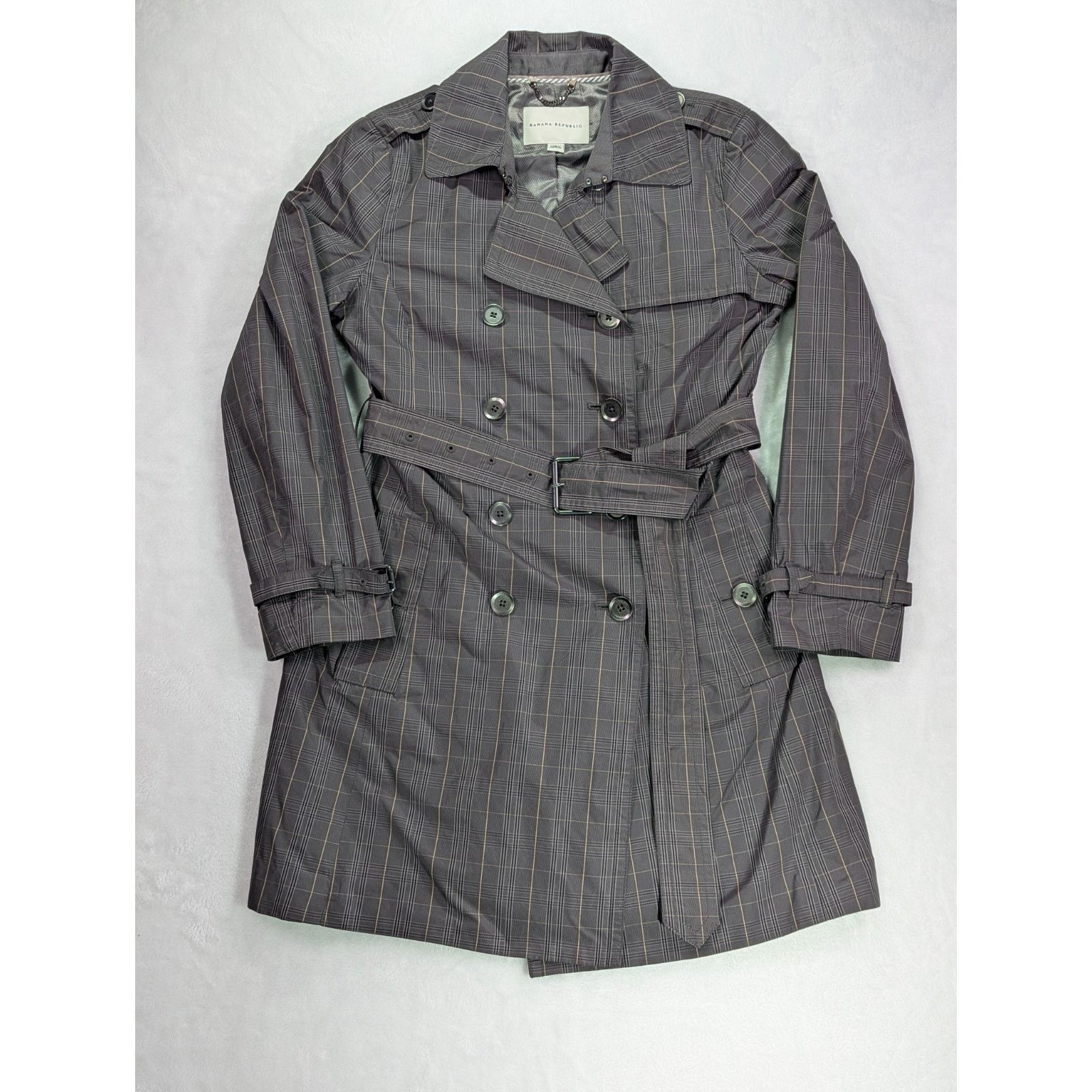 Banana Republic Trench Coat S Petite Gray Plaid Check Double Breasted Belted Size S / US 4 / IT 40 - 1 Thumbnail