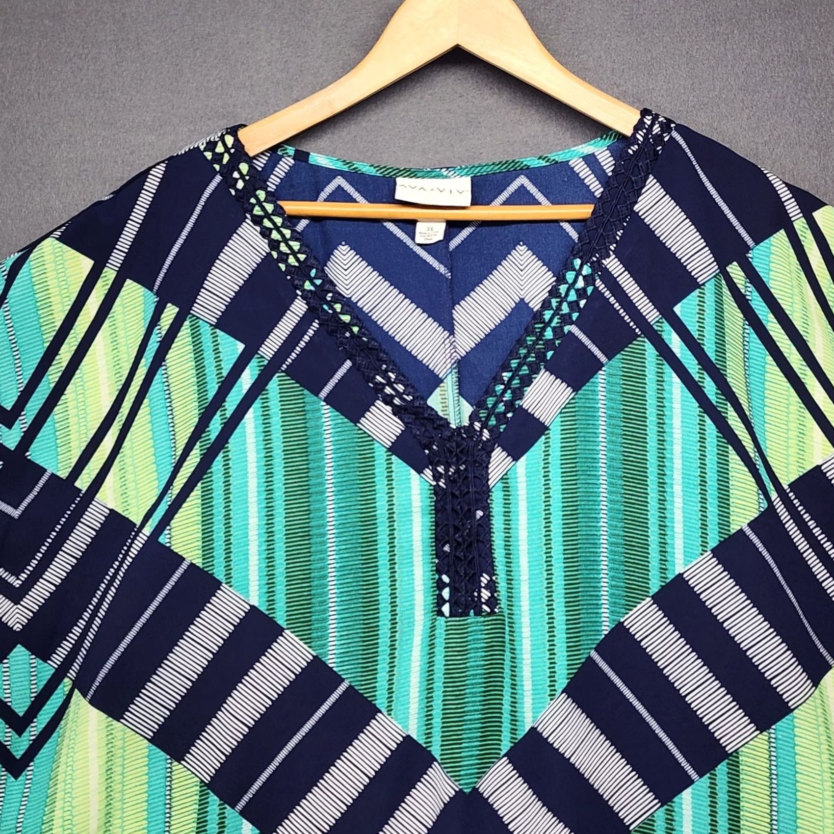 Vintage Ava Viv Blouse Geometric Print Blue Green 3X Plus Size Tunic Top Womens Size XXL / US 16-18 / IT 52-54 - 6 Thumbnail