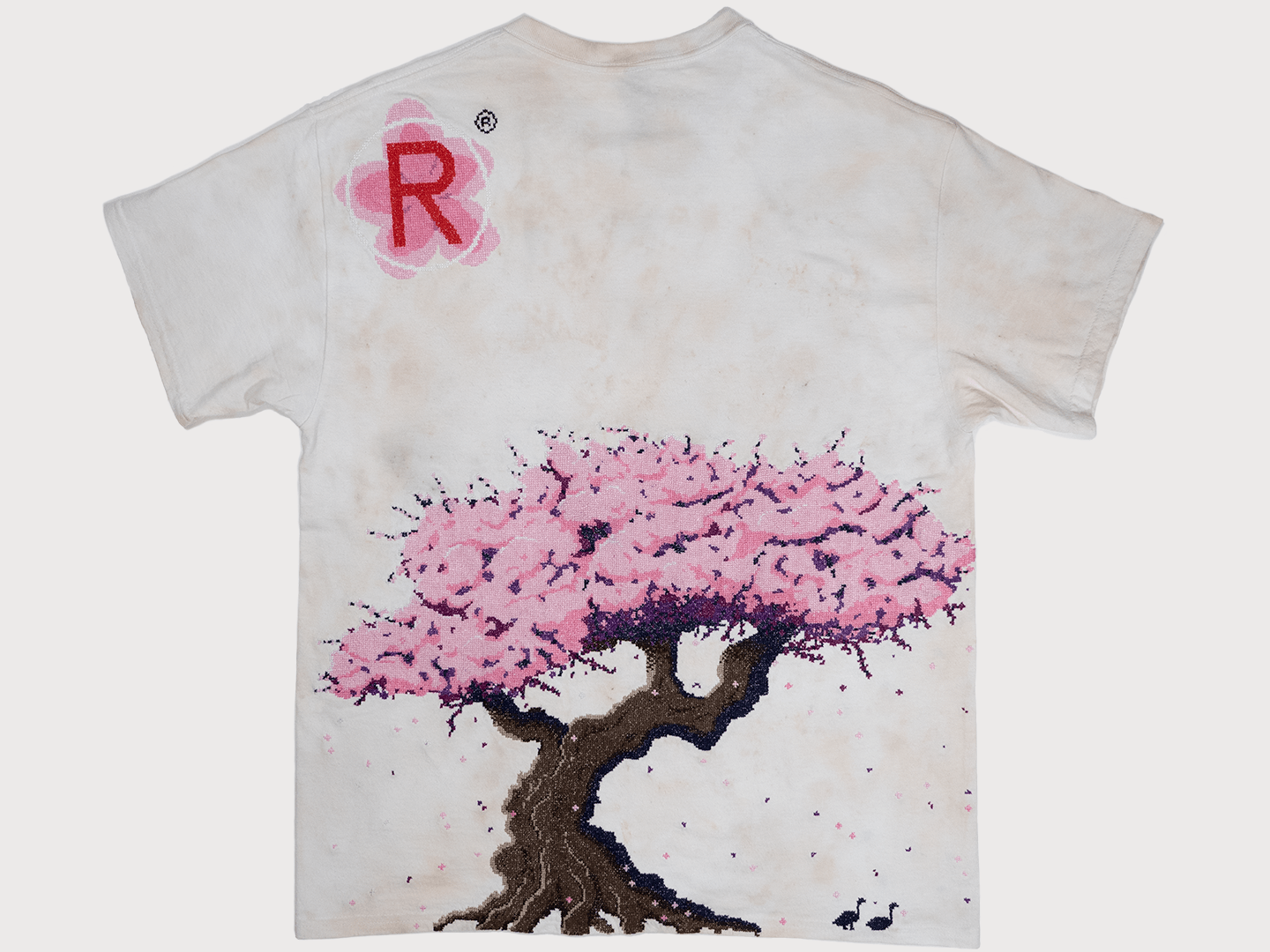 Hand cross-stitched Cherry Blossom tree with organic tie dye