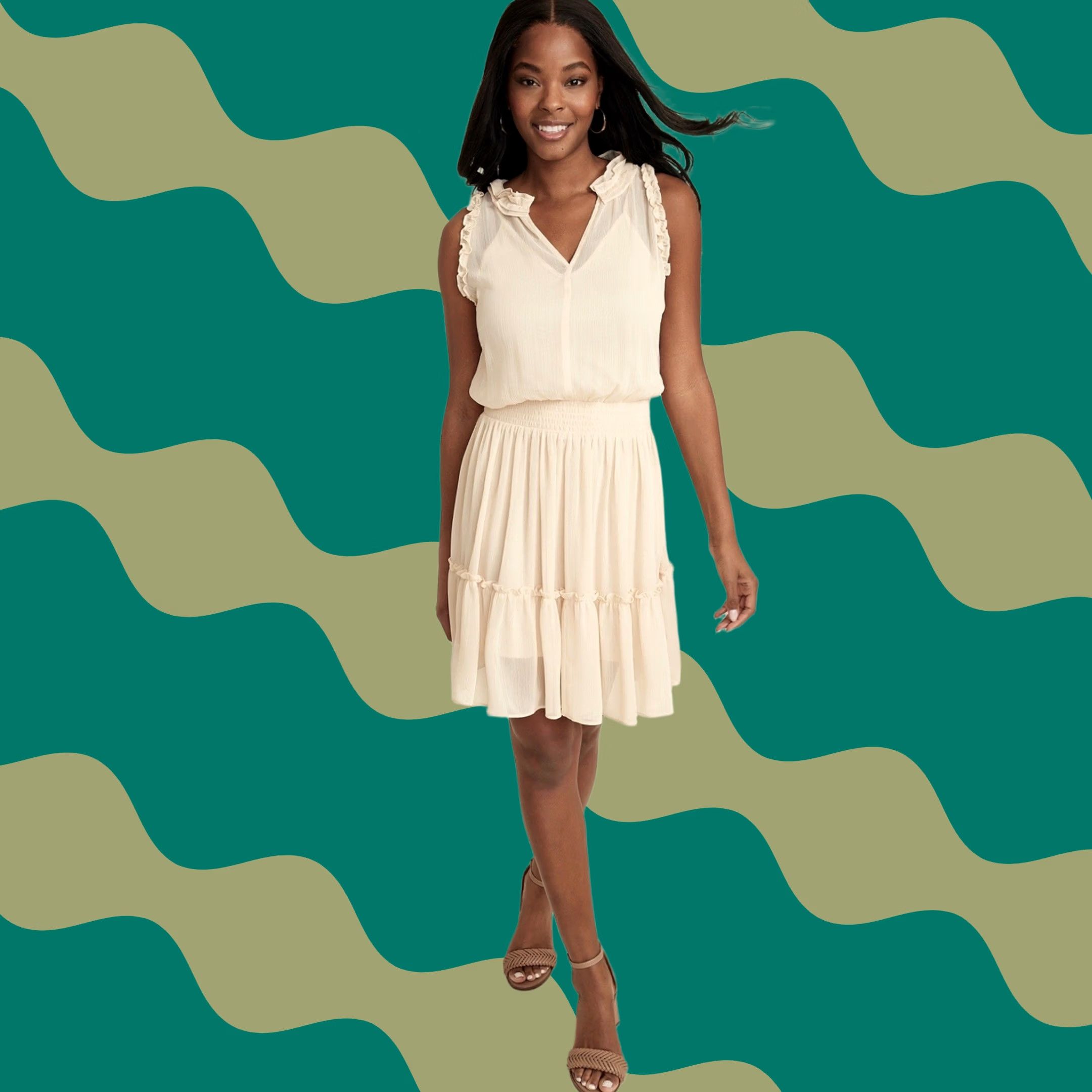 Vintage Maurices Women Beige Sheer Overlay Ruffle Trim V-Neck Sleeveless Skater Dress L Size L / US 10 / IT 46 - 1 Thumbnail