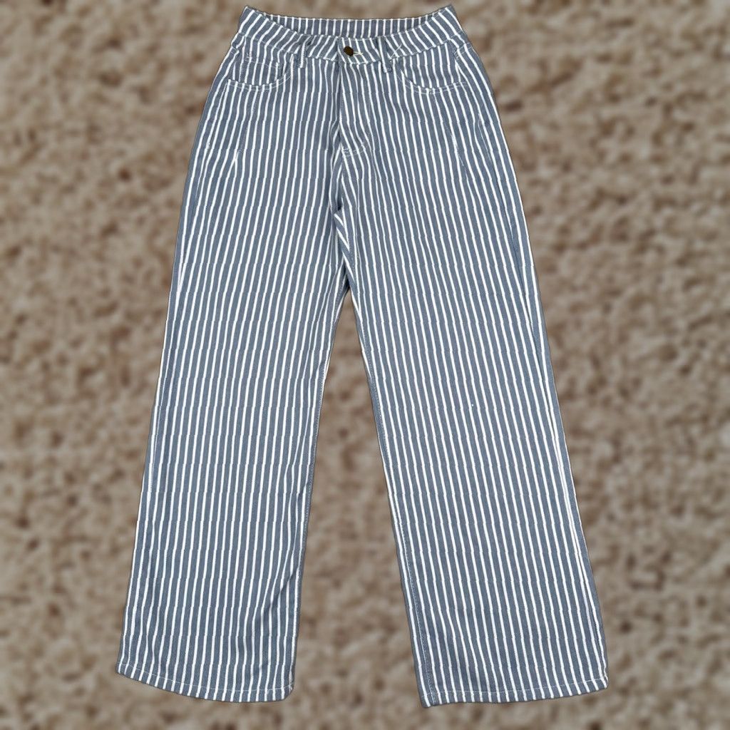 Vintage Jeans Women 26 Blue White Vertical Stripe Denim Wide Leg High Rise Cotton 26x29 Size 26" / US 2 / IT 38 - 1 Thumbnail