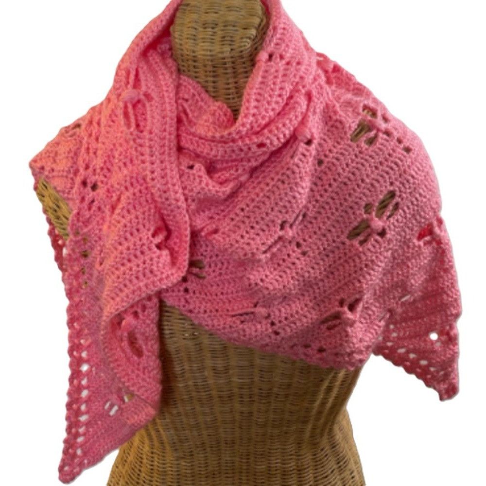 Handmade Crochet Shawl Cowl Wrap Dragonfly Cut Outs Pink 78" x 35" Ac Size ONE SIZE - 3 Thumbnail