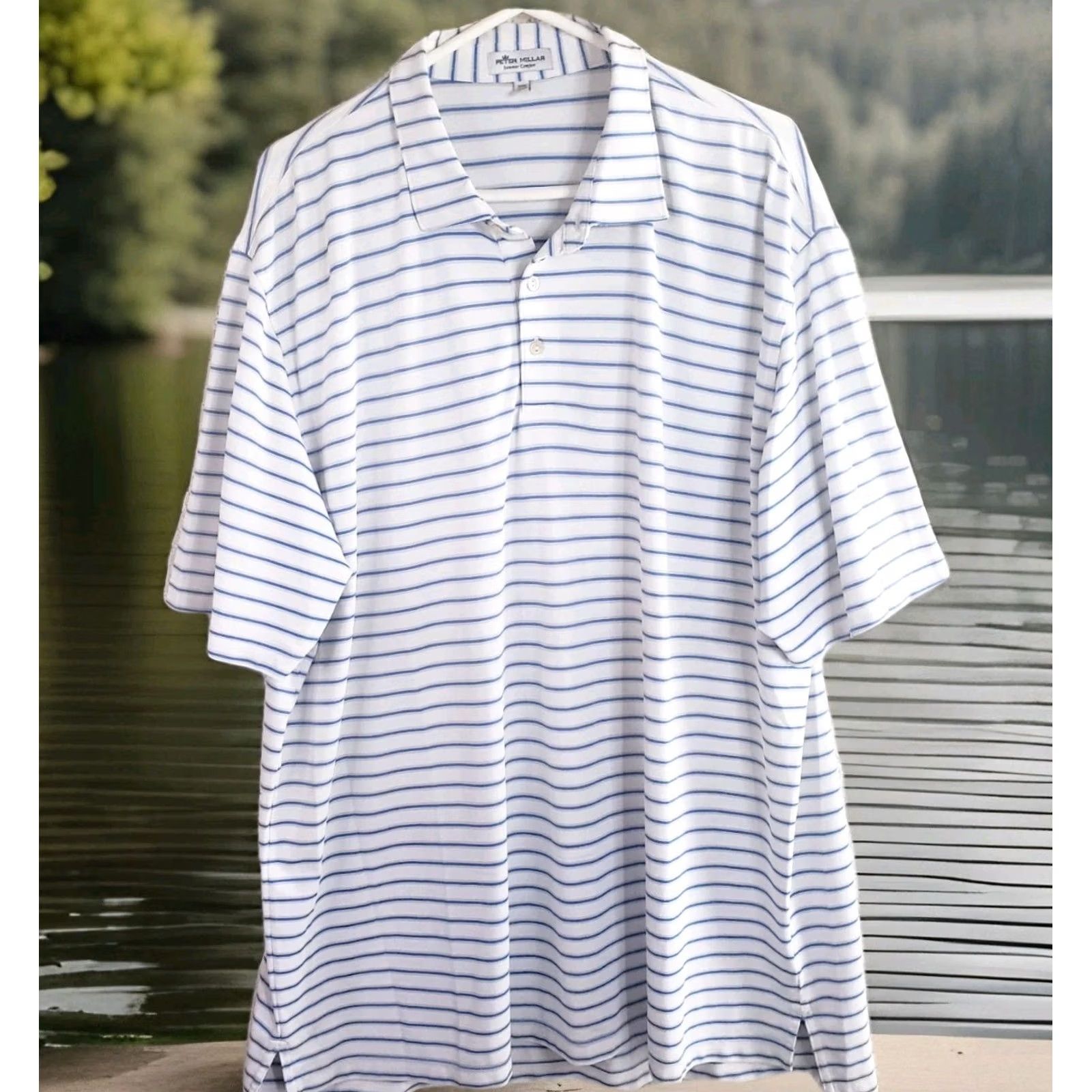 Peter Millar Peter Millar Polo Shirt Mens 2XL Summer Comfort Polo White Blue Gray Striped Logo Free Short Sleeve Collared Pullover Breathable Stretch Regular Fit Size US XXL / EU 58 / 5 - 2 Thumbnail