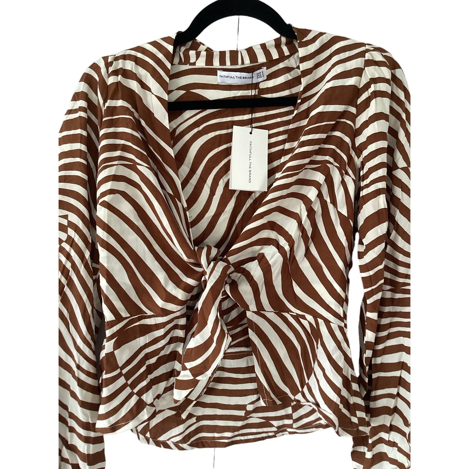 FAITHFULL NWT Faithfull The Brand Tie Blouse Brown White Print Sz 4 Size S / US 4 / IT 40 - 4 Thumbnail