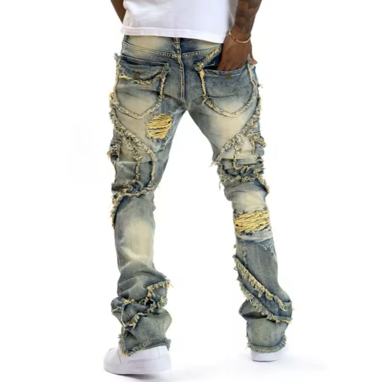 Japanese Brand × Vintage Men Ripped Stacked Jeans Distressed Slim Fit Size US 35 - 3 Thumbnail