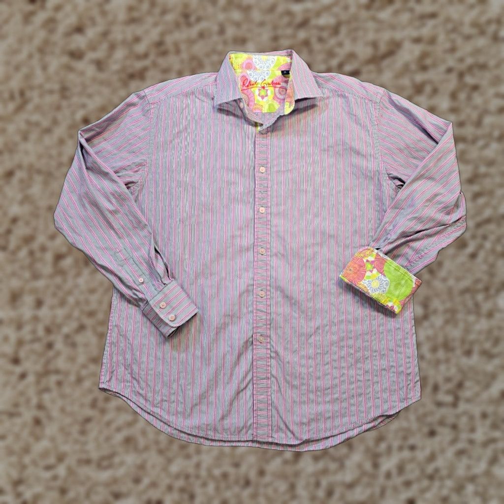 Robert Graham Robert Graham Shirt Mens XL Gray Pink Striped Flip Cuff Floral Capsule Career Size US XL / EU 56 / 4 - 1 Thumbnail