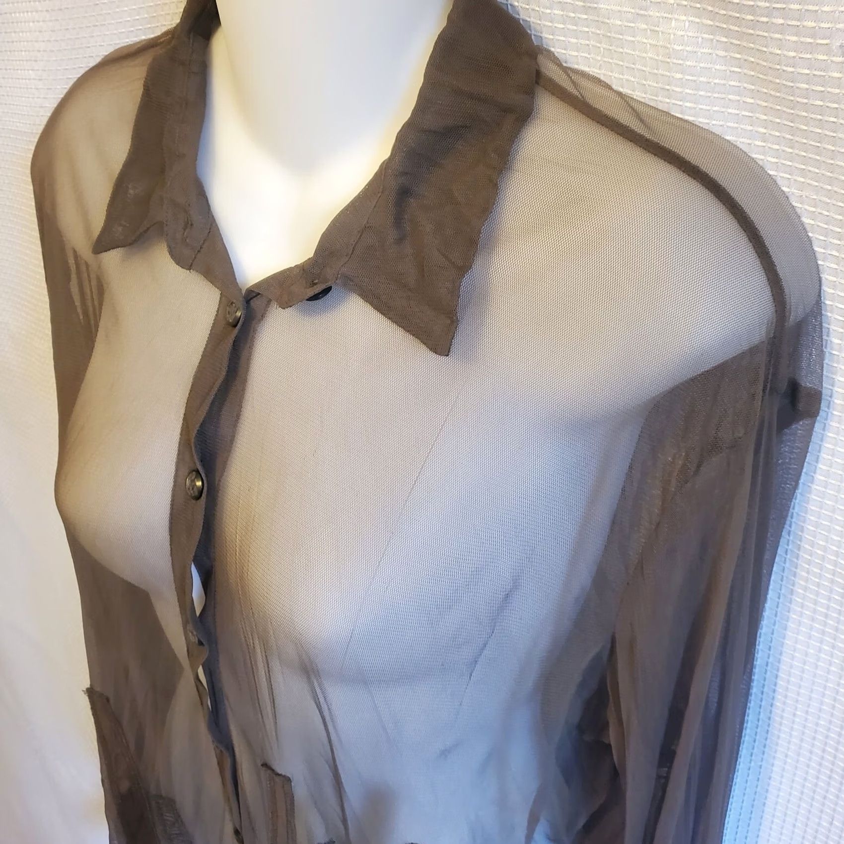 J. Jill J Jill Blouse Sz Med Brown Sheer Patchwork Trim Button Up Lagenlook Office Size M / US 6-8 / IT 42-44 - 4 Thumbnail