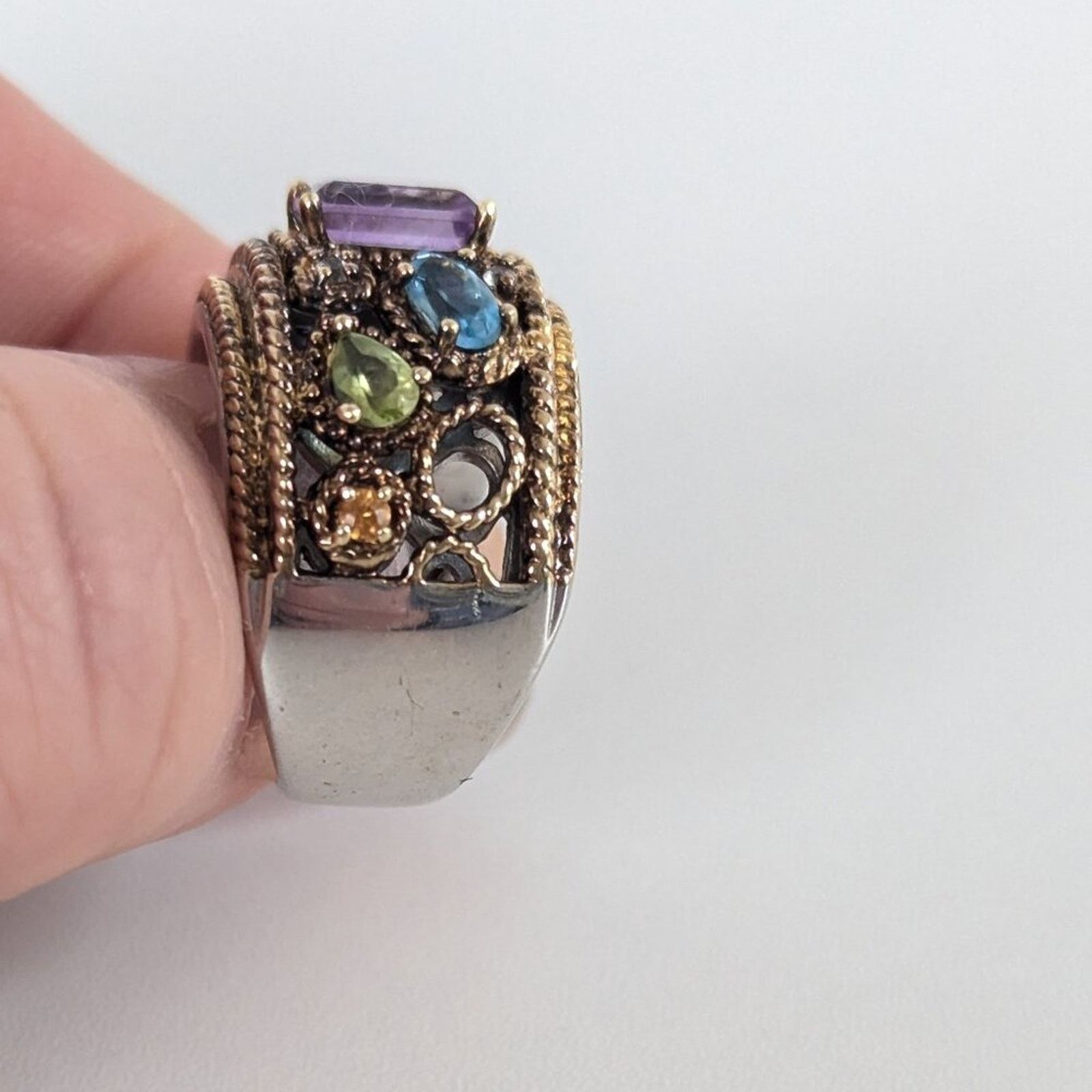 Vintage Sima K Amethyst Multi Gemstone Two Tone Silver Cocktail Ring Size ONE SIZE - 4 Thumbnail