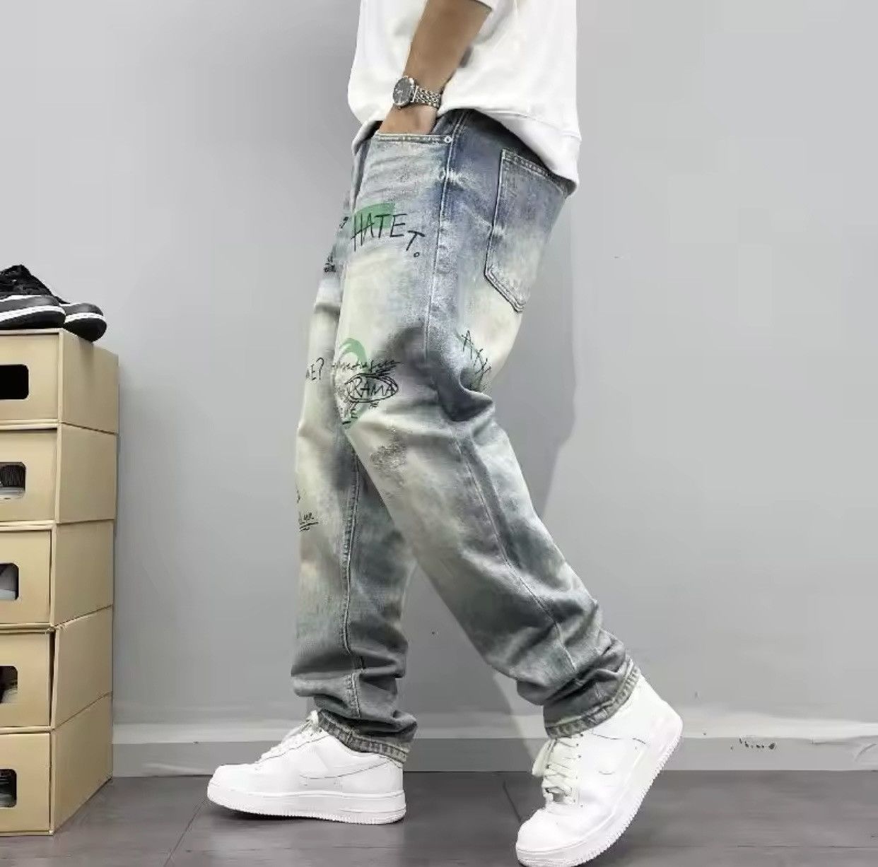 Denime × Japanese Brand American Retro Street Style Printed Straight Leg Jeans Size US 30 / EU 46 - 2 Thumbnail
