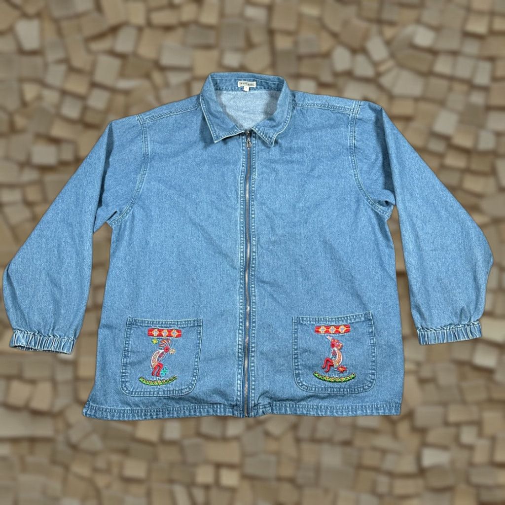 Denime VINTAGE Denim Bakery Kokopelli Jacket Womens LARGE Blue Denim Embroidered Western 90s Jacket Size L / US 10 / IT 46 - 1 Thumbnail
