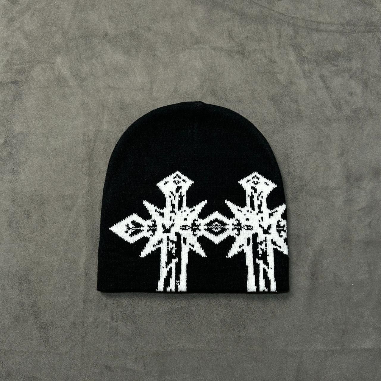 Japanese Brand Double Crosses Graphic No Cuff Knit Cap Beanie Black Hat OS Size ONE SIZE - 1 Thumbnail