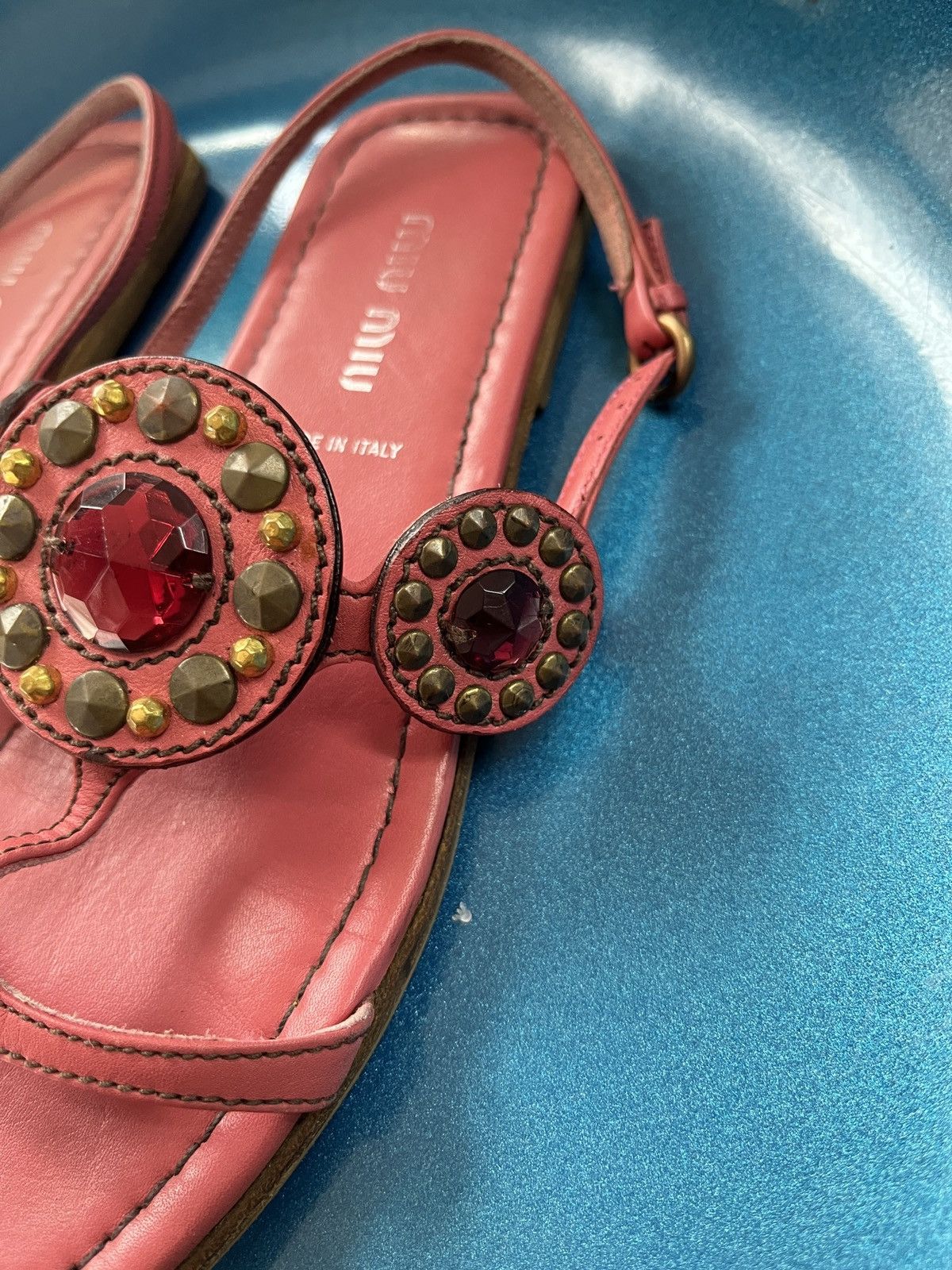 Prada Miu Miu Rare T-Strap Gemstud Leather Sandals Size US 5 / IT 35 - 4 Thumbnail