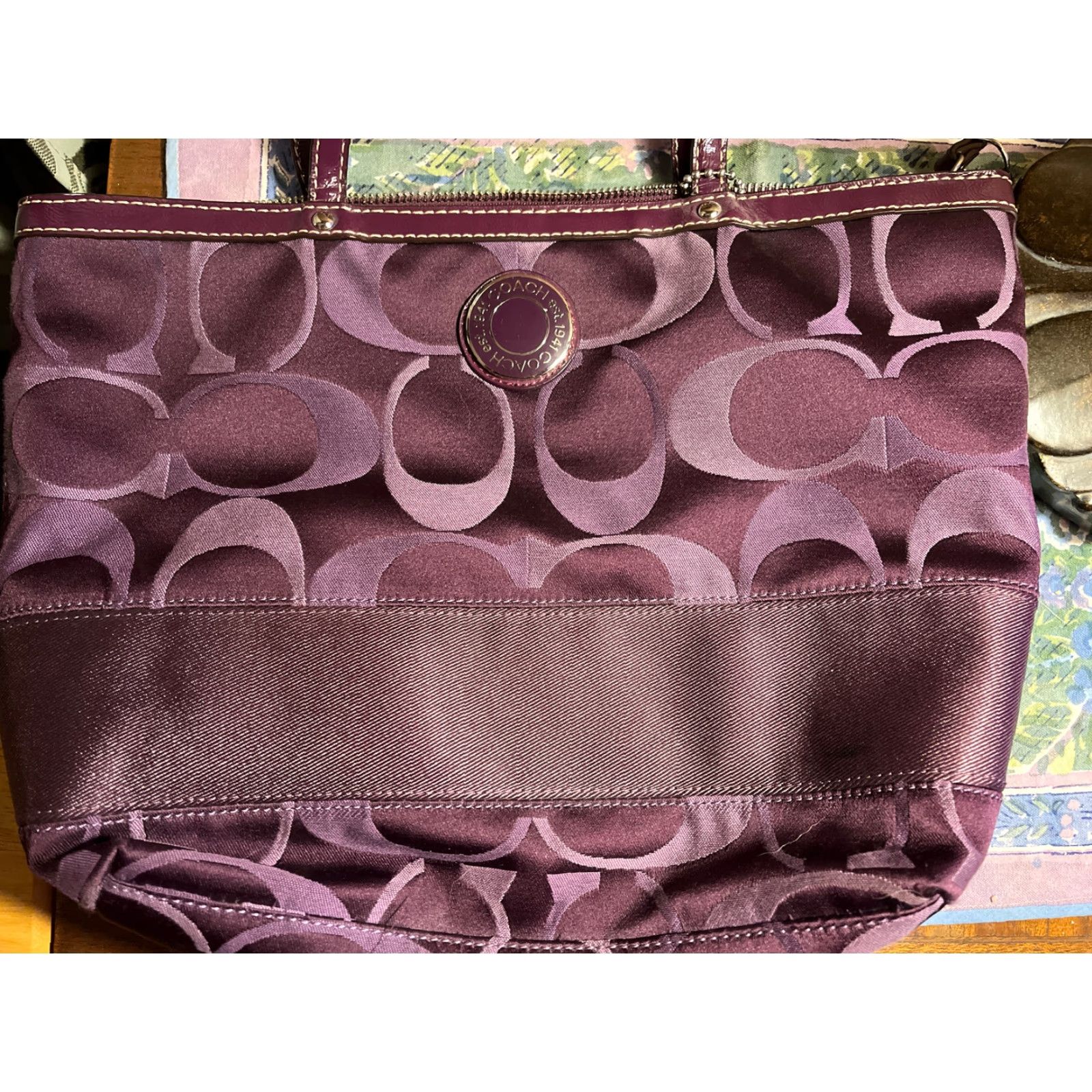 Coach VINTAGE Coach 1941 Leather Trim Canvas Shoulder Bag Women Medium Purple Signature Stripe Zip-Closure Size ONE SIZE - 2 Thumbnail