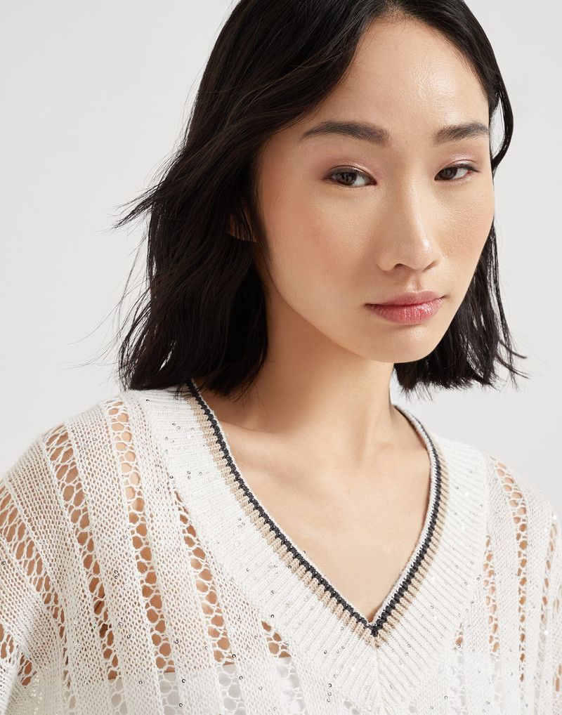 Brunello Cucinelli o1la1rc1a0326 Linen Dazzling Ribbed Net Sweater in White Size XL / US 12-14 / IT 48-50 - 5 Thumbnail