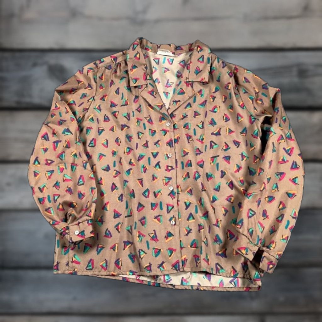 Vintage VINTAGE Donnkenny Shirt Geometric Pattern Camp Collar Women's 14 Brown USA Made Size XL / US 12-14 / IT 48-50 - 1 Thumbnail