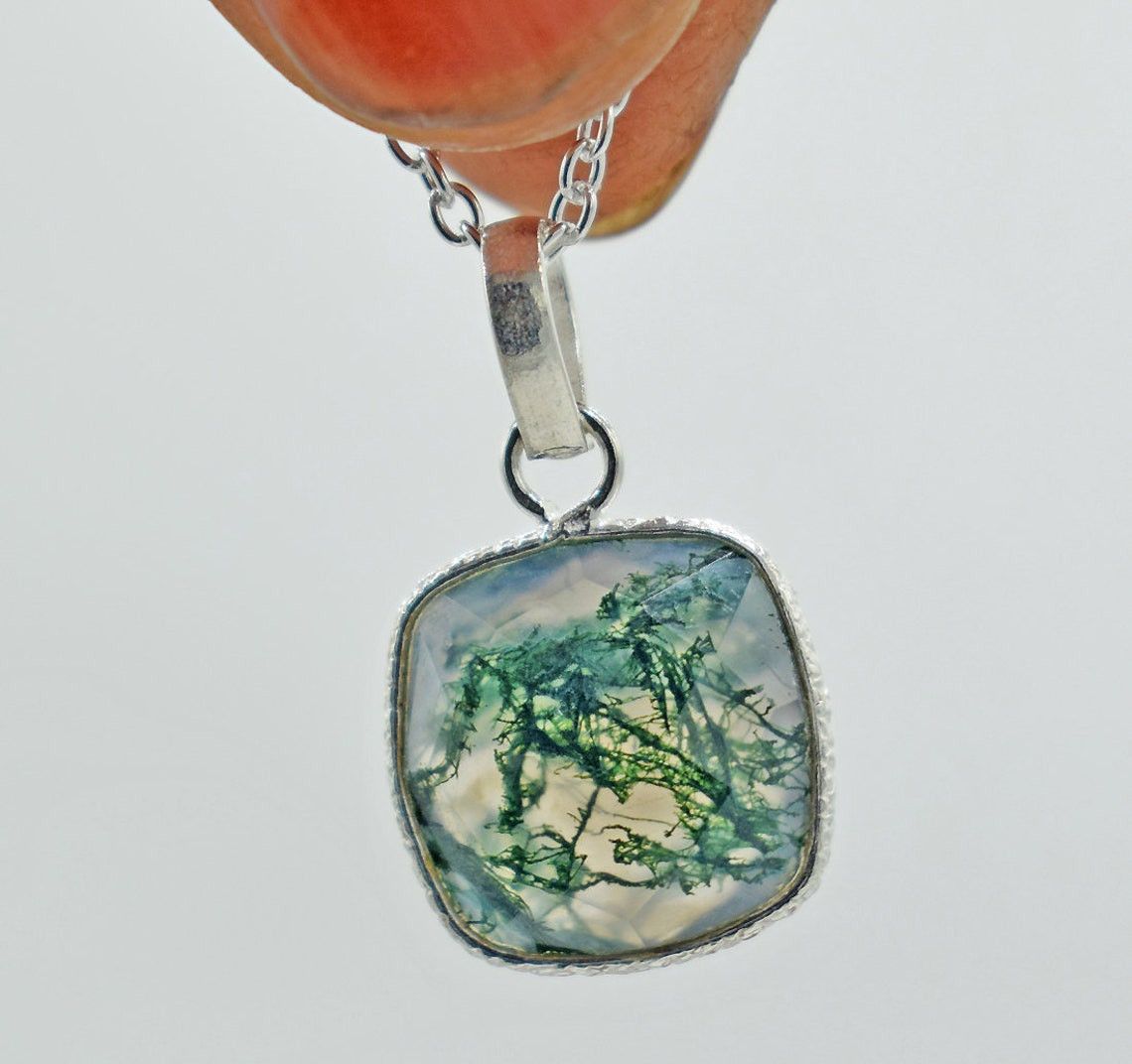 Handmade Moss Agate 925 Sterling Silver Necklace Natural Gem Pendant Size ONE SIZE - 4 Thumbnail