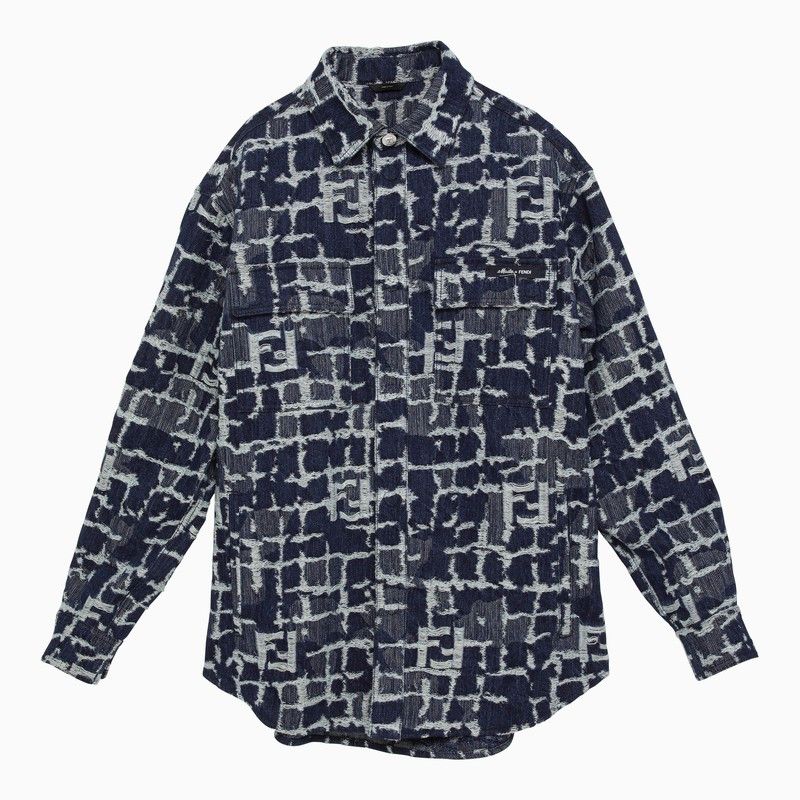image of Fendi Blue Ff Patterned Denim Shirt Jacket in Purple, Men's (Size Medium)