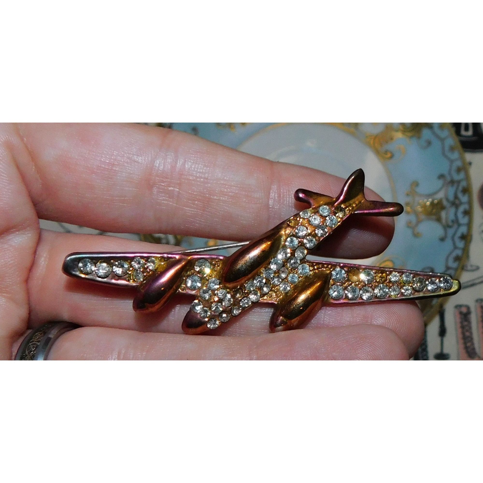 Other Vintage Anodized Airplane Brooch With Rhinestone Accents Size ONE SIZE - 1 Thumbnail