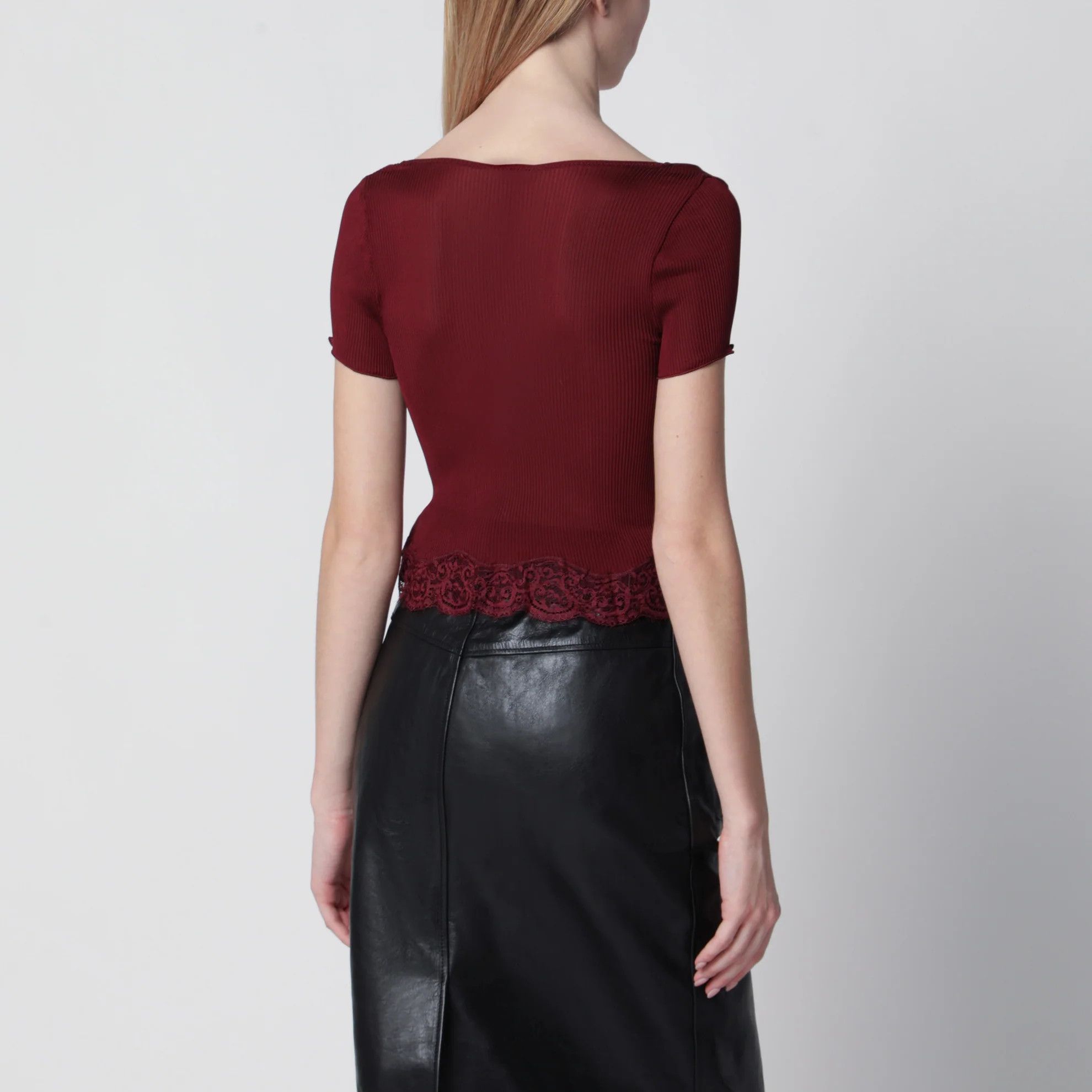 Saint Laurent Paris o1d2blof0526 Square-neck Lace T-Shirt in Red Size S / US 4 / IT 40 - 3 Thumbnail