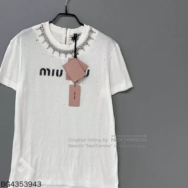Miu Miu Miu Miu Size M Neck rhinestone logo to make old short sleev Size M / US 6-8 / IT 42-44 - 2 Thumbnail