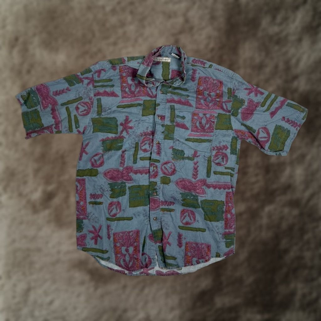 Vintage VINTAGE Bugle Boy Company Shirt Mens Medium Blue Hawaiian Tropical Ramie Cotton Short Sleeve Button-Up Casual Travel 90s Mens Size US M / EU 48-50 / 2 - 1 Thumbnail