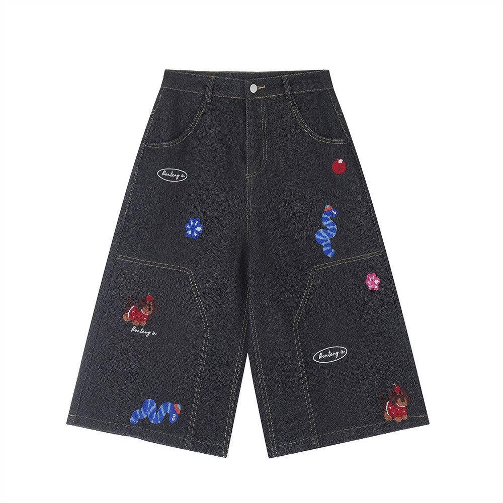 Japanese Brand × Jean Loose men's fun cartoon flocking embroidered denim shorts Size US 34 / EU 50 - 1 Thumbnail