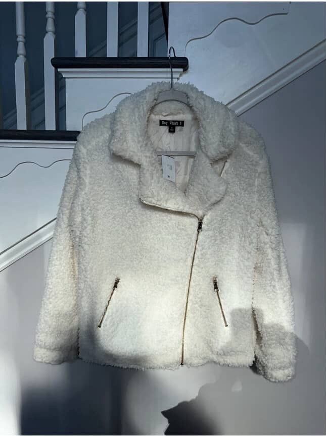 Other NWT Say What ? Fuzzy Ivory Sherpa Moto Jacket Gold Zipper Size S / US 4 / IT 40 - 2 Thumbnail