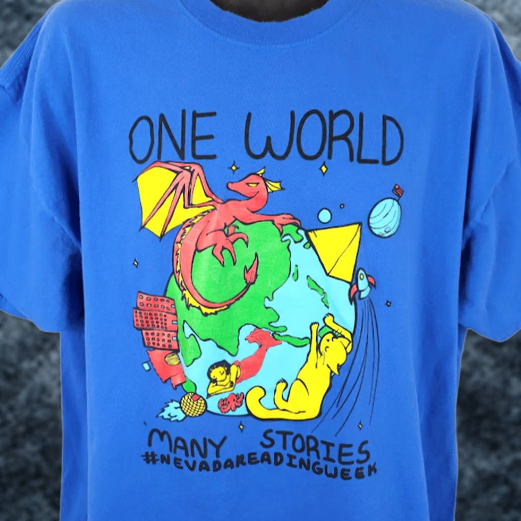 Port & Company Reading Week T Shirt Mens XL Blue Port & Company Nevada Books One World Many Stories Space Theme Size US XL / EU 56 / 4 - 1 Thumbnail