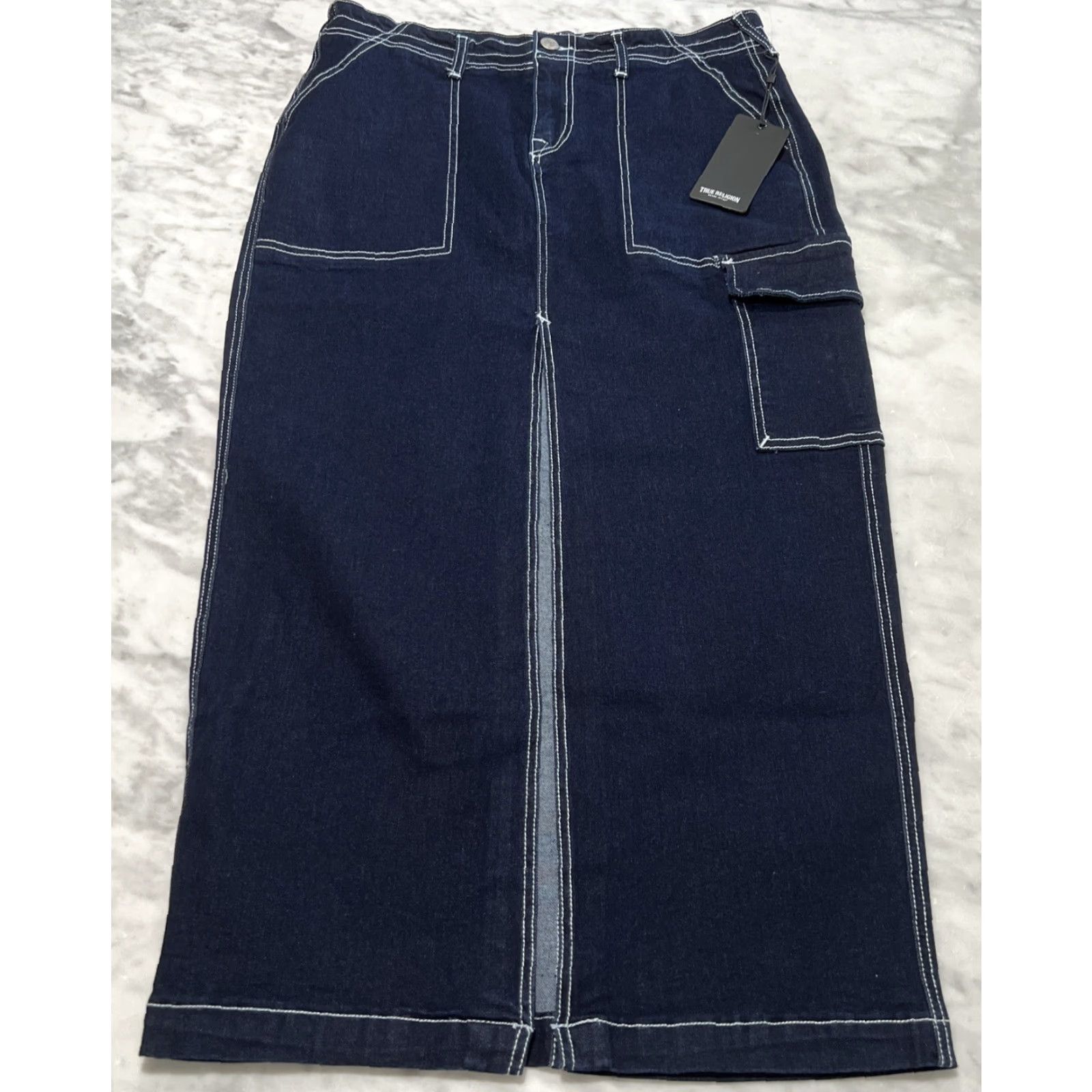 True Religion VINTAGE? No — actually not vintage; True Religion Denim Maxi Skirt 29 Dark Blue Wash NWT Go West High Slit 90s, Casual Womens Skirt Size 29" - 2 Thumbnail