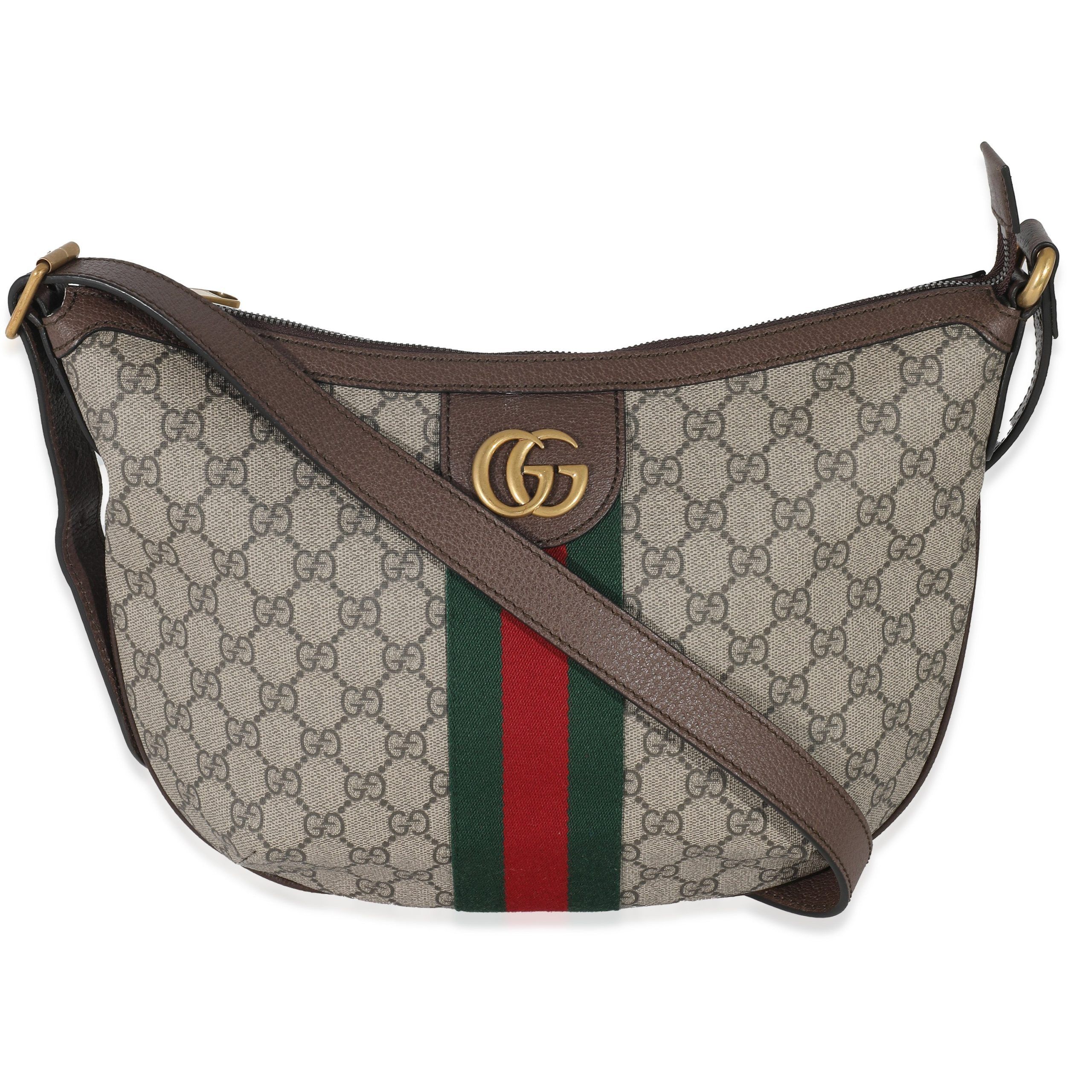 image of Gucci GG Supreme Web Small Ophidia Half Moon Hobo in Beige, Women's