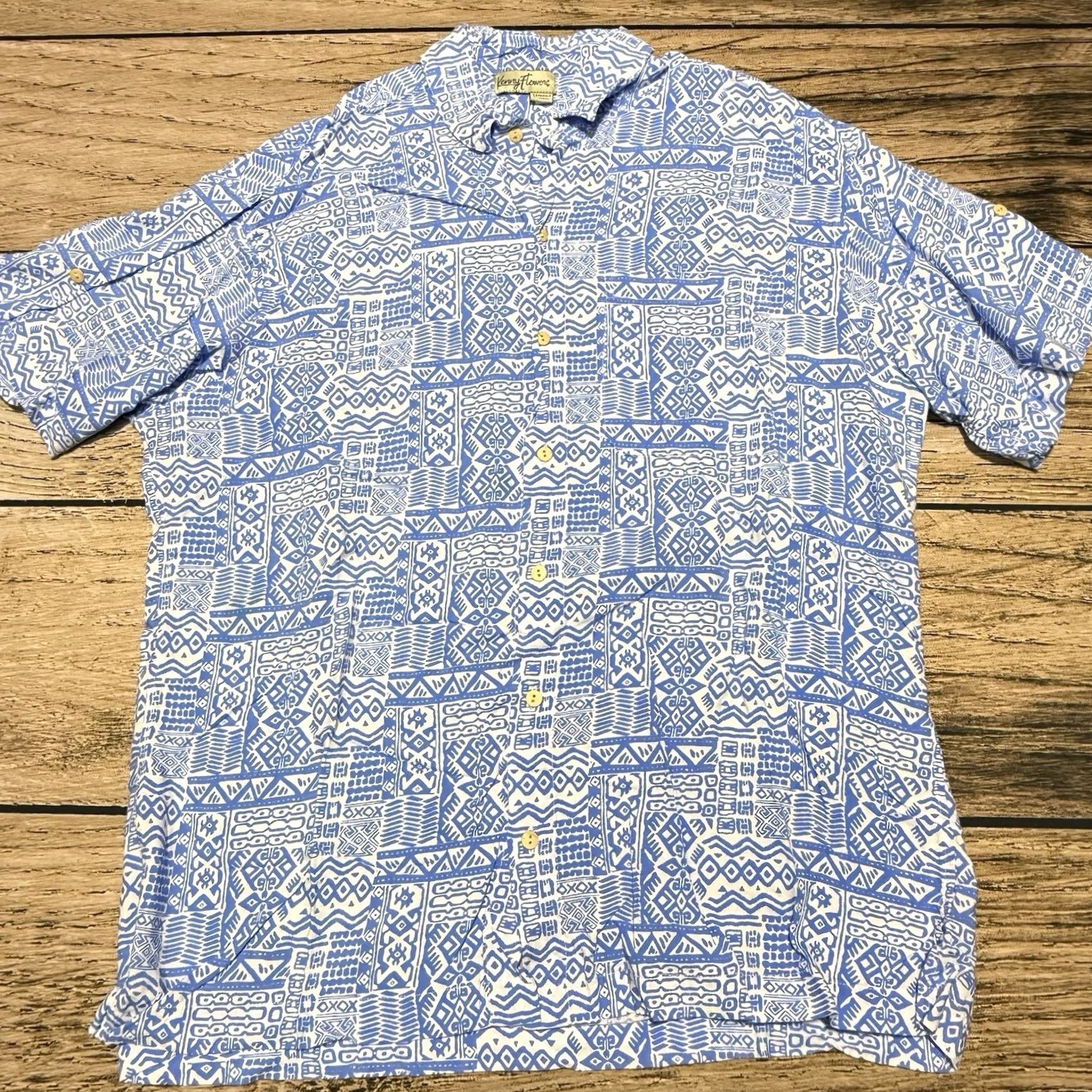 Vintage Kenny Flowers Shirt Mens XL Blue Geometric Limited Edition Short Sleeve Rayon Button-Up - Regular Fit, Casual, Holiday, Indonesia, button-down Size US XL / EU 56 / 4 - 3 Thumbnail