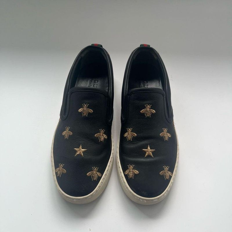 Gucci Gucci Black Leather Slip-On Sneakers with Bee Embroidery Size US 5.5 / EU 38 - 3 Thumbnail